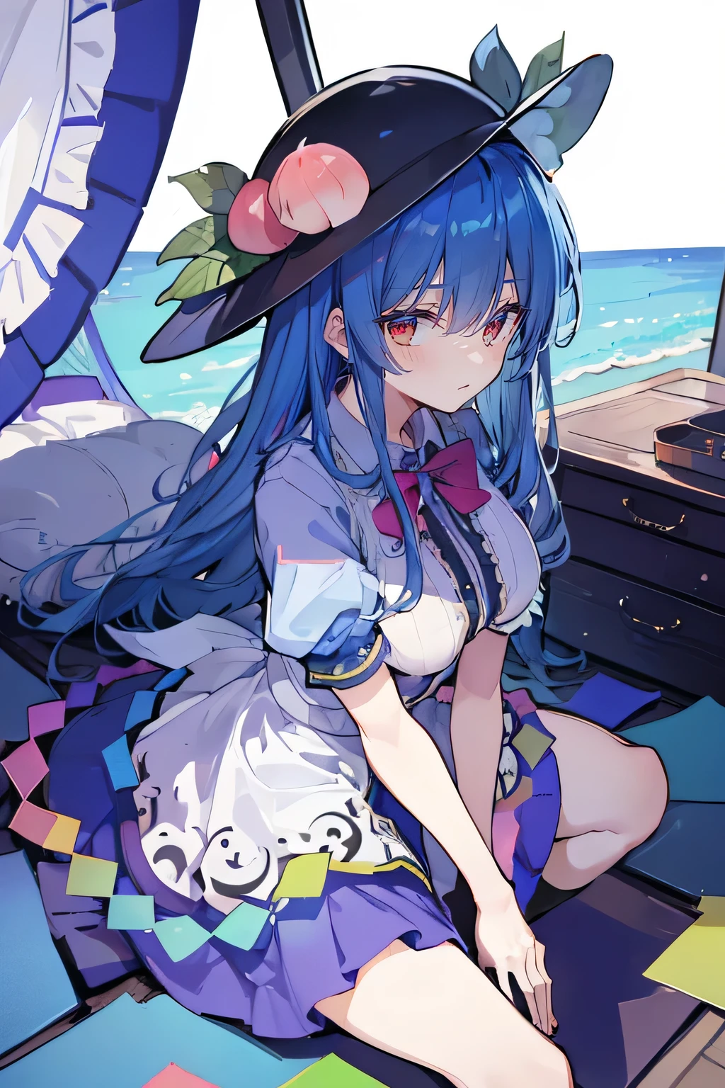 (masterpiece),best quality, expressive eyes, perfect face,w sitting, w sitting on ground, legs on ground, 1girl,
big breast, H-cup, good breast, crossing arms, beautiful, gorgeous,anime,girl,lora,hinanawi tenshi, blue hair, blue haired,tent , tent chest, tent breast, floating clothes