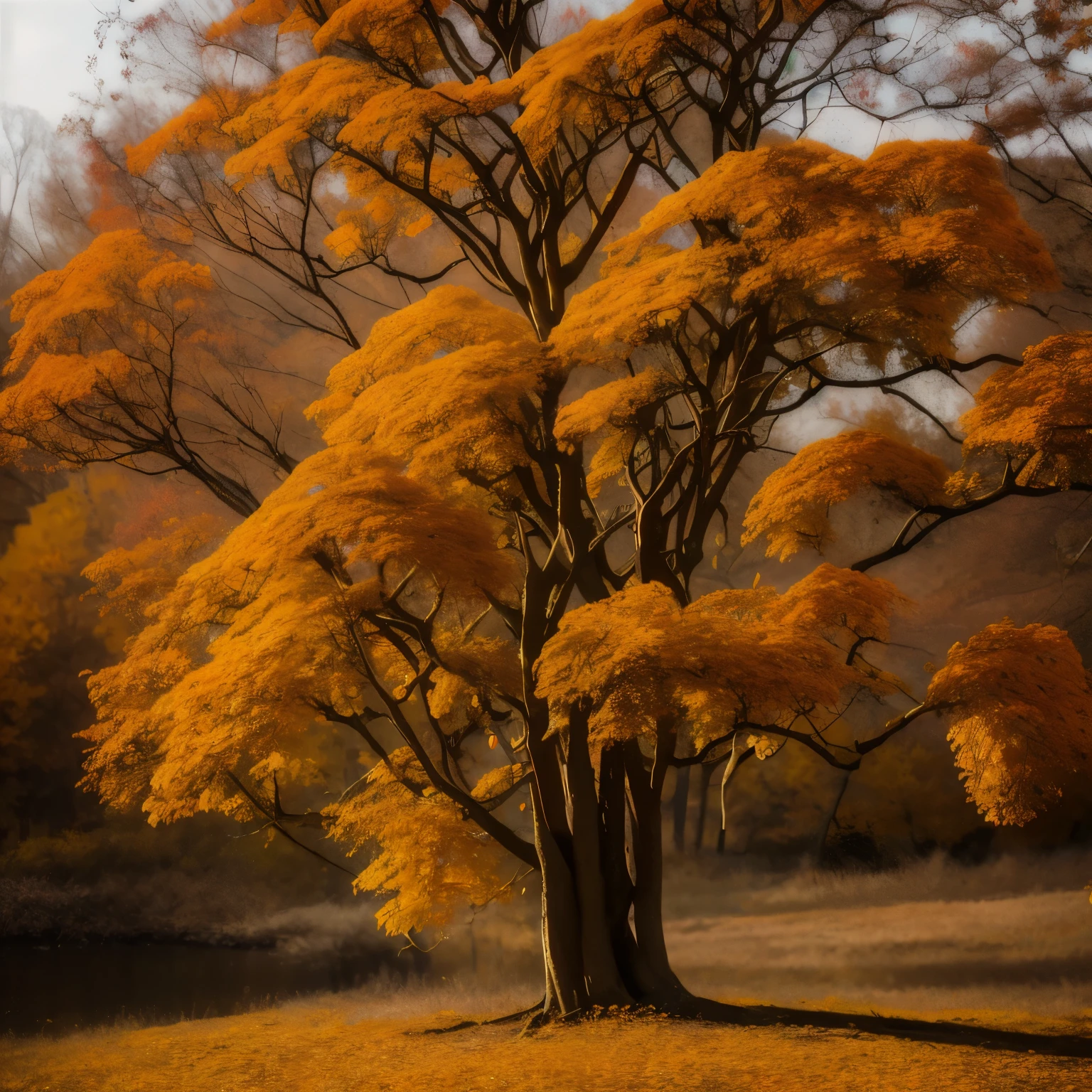 There is a tree standing on the grass，The leaves are yellow, golden autumn, Golden Holy Tree, Large ginkgo trees, autumn tranquility, breathtakingly beautiful trees, breathtakingly beautiful trees, autumn maple tree, in autumn, dramatic autumn landscape, a beautiful tree, Empress Autumn, Orange ethereal, fantasy tree, soft autumn sunshine, in autumn, magic tree