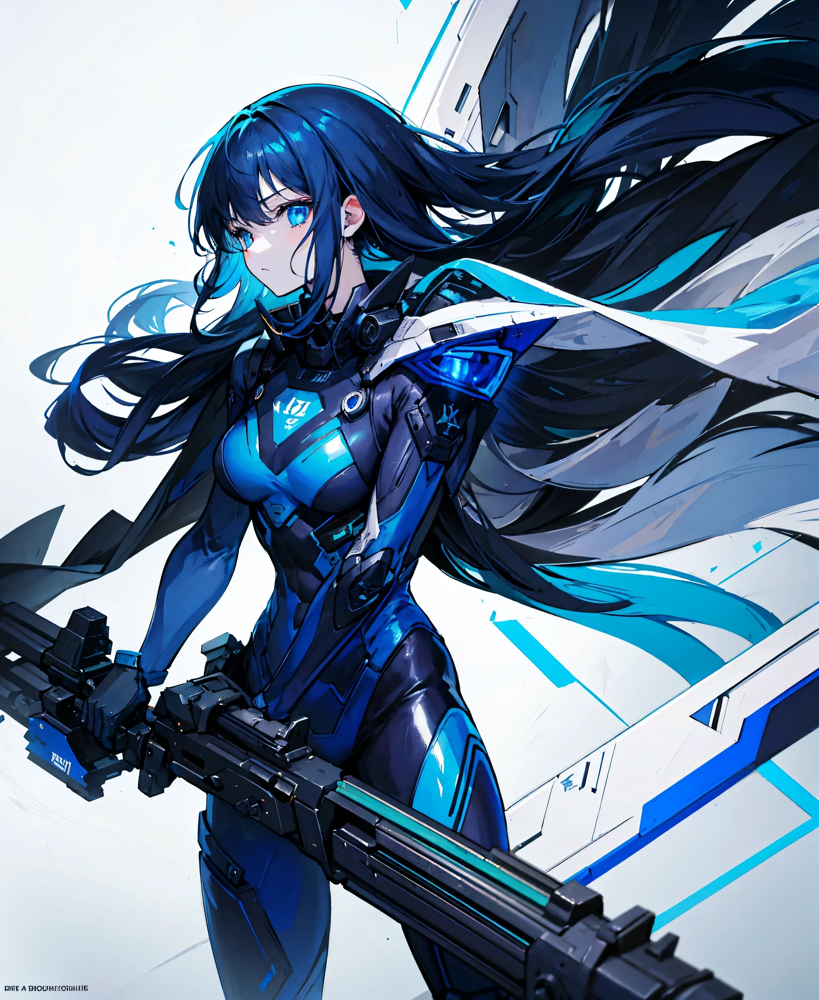 no background，girl，carry a firearm，Enamel-like tight suit，use of firearms，dark blue long hair，attention arousal，blue colored eyes,no gradation