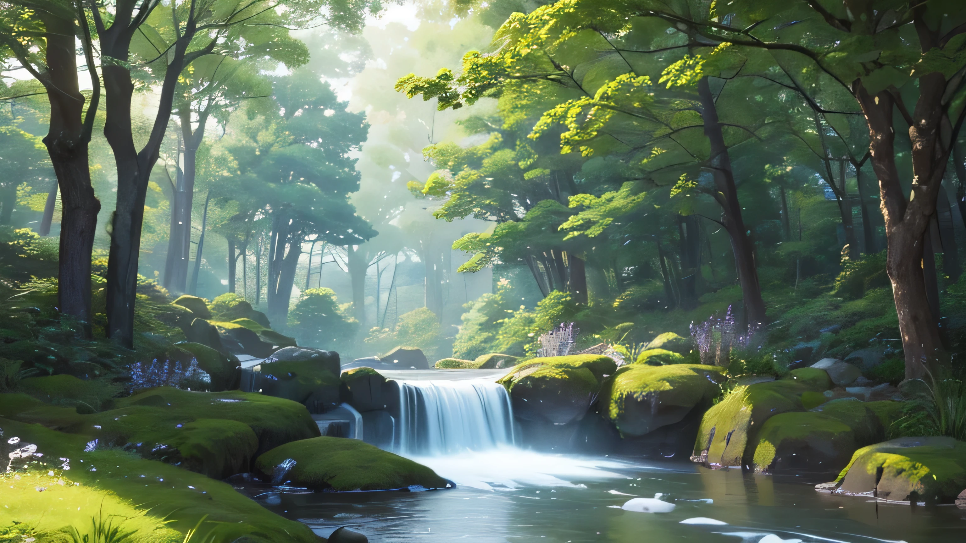 I took photos of a peaceful moment spent in nature.。wood々Imagine a peaceful landscape with soft morning light shining through the space.。A calm stream meandering、Surrounded by lush greenery。The overall atmosphere is calm and connected to the natural world.、Highlights the beauty and peace of outdoor moments。