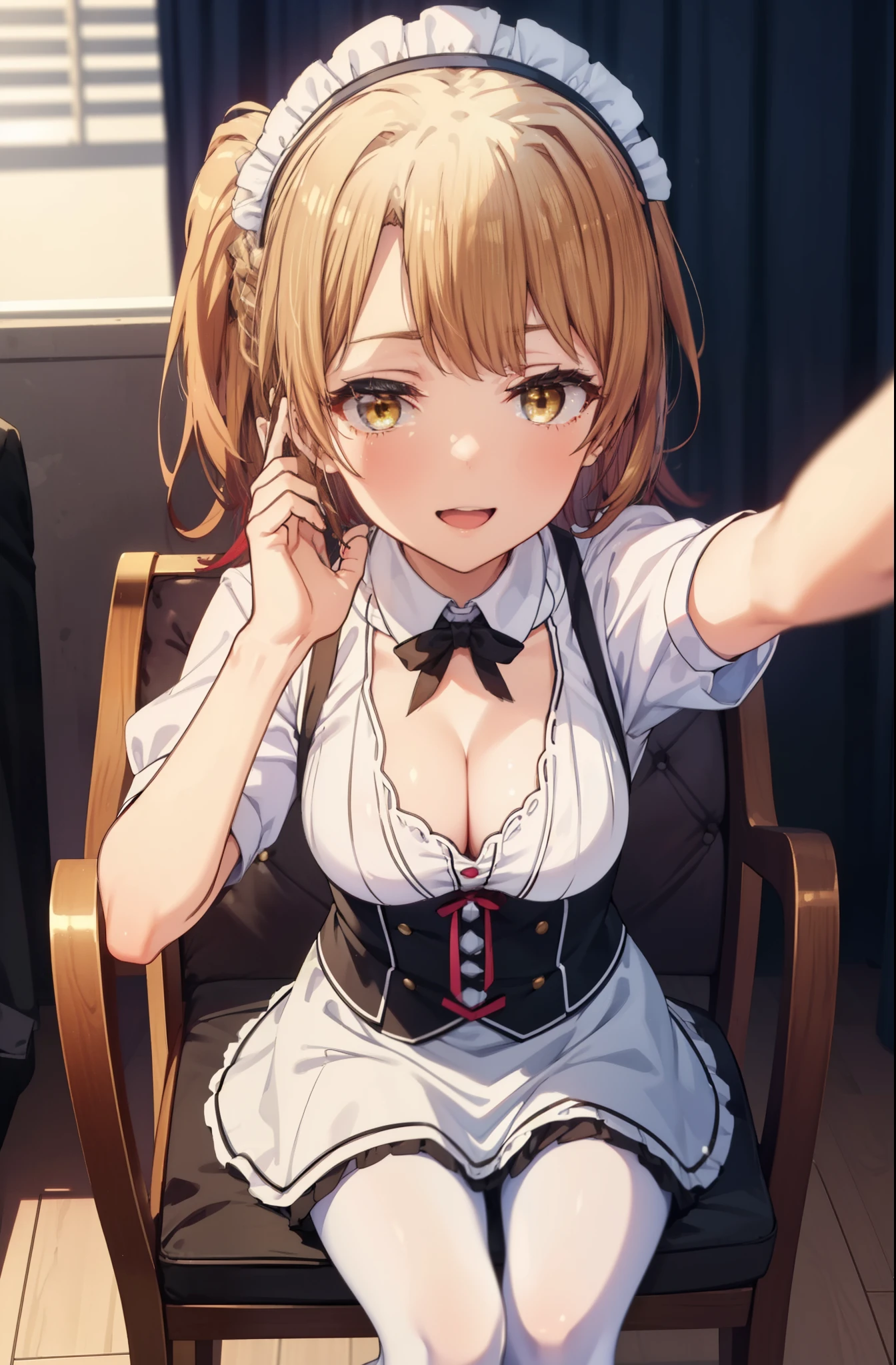 irohaisshiki, iroha isshiki, long hair, brown hair, (brown eyes:1.5), Take a selfie from above your head,with left hand, He opened the collar of his shirt to show his cleavage..,smile, smile, open your mouth,short braided hair,ponytail,blush,smile,Maid clothes,Medium chest,she was wearing a miniskirt, black pantyhose, sitting cross-legged on a chair,So that the whole body is included in the illustration,
break indoors, coffee shop,
break looking at viewer,
break (masterpiece:1.2), highest quality, High resolution, unity 8k wallpaper, (shape:0.8), (fine and beautiful eyes:1.6), highly detailed face, perfect lighting, Very detailed CG, (perfect hands, perfect anatomy),