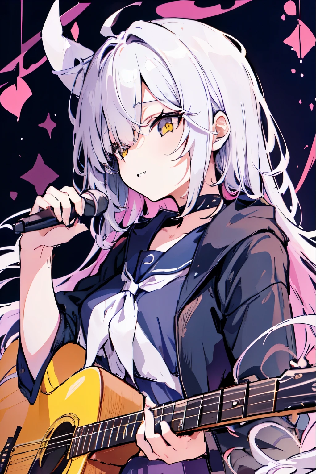 ((masutepiece)), ((Best Quality)), (Ultra-detailed), Anime style, Live performance venue, Cute s, 1girl in, Solo, Playing the guitar 00, ((Beautiful eyes))0, Smile,(((yellow eyes))),