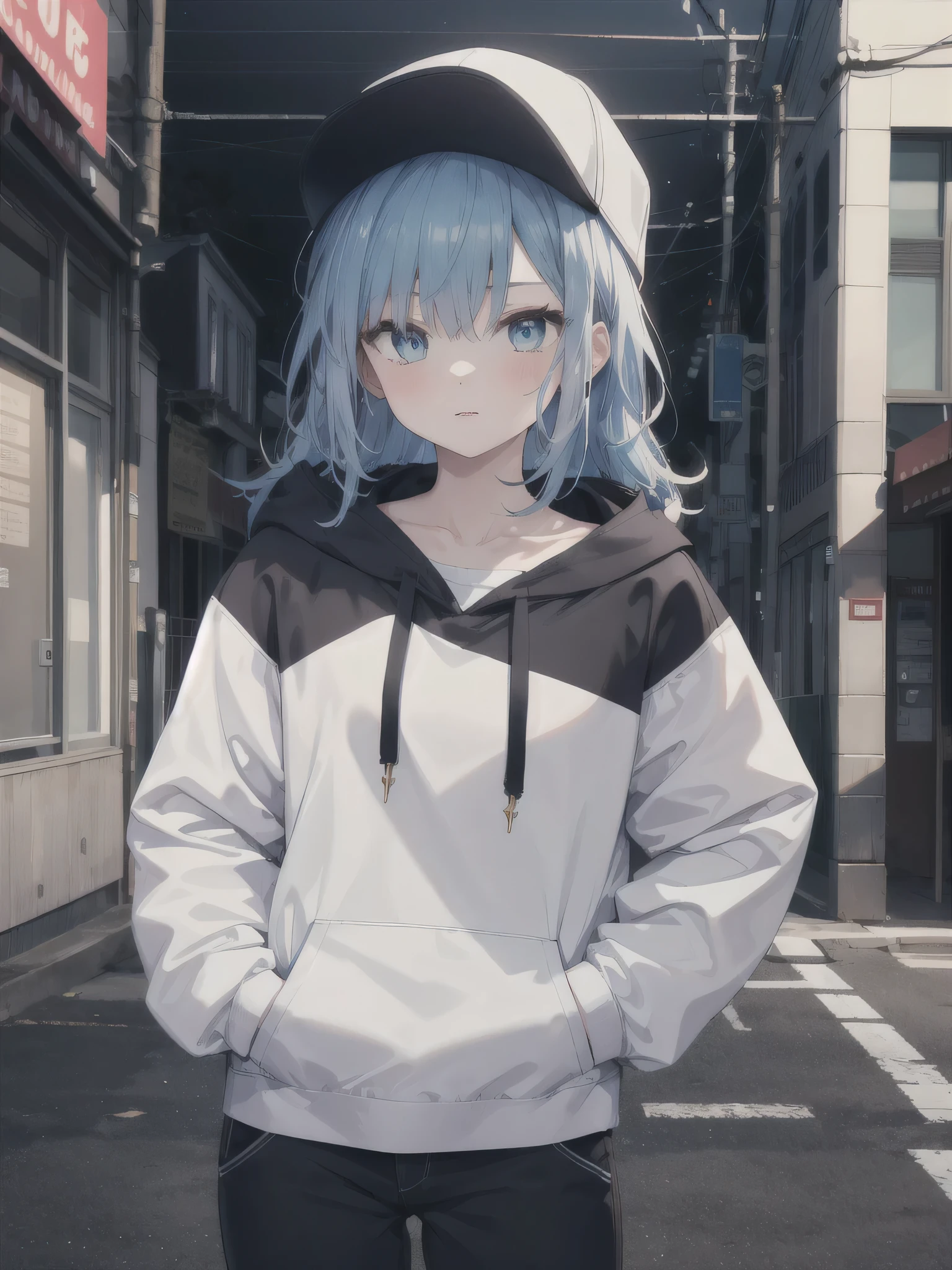 masterpiece,1girl,solo,long hair,blue hair,hoodie,off shoulder:1.2, mob cap, street,hand on hip, hand in pocket,looking at the viewer