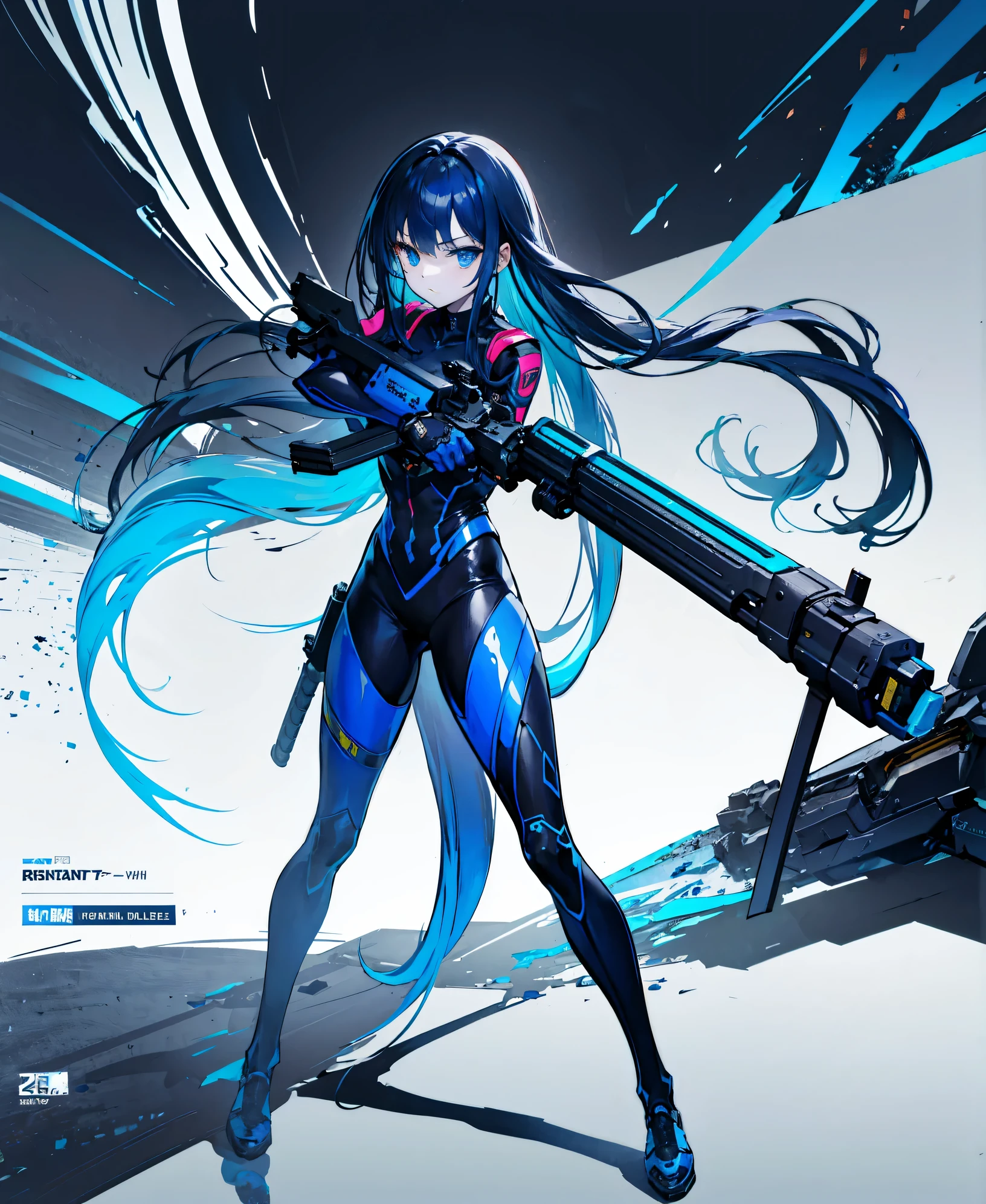 no background，girl，carry a firearm，Enamel-like tight suit，use of firearms，dark blue long hair，attention arousal，blue colored eyes,no gradation