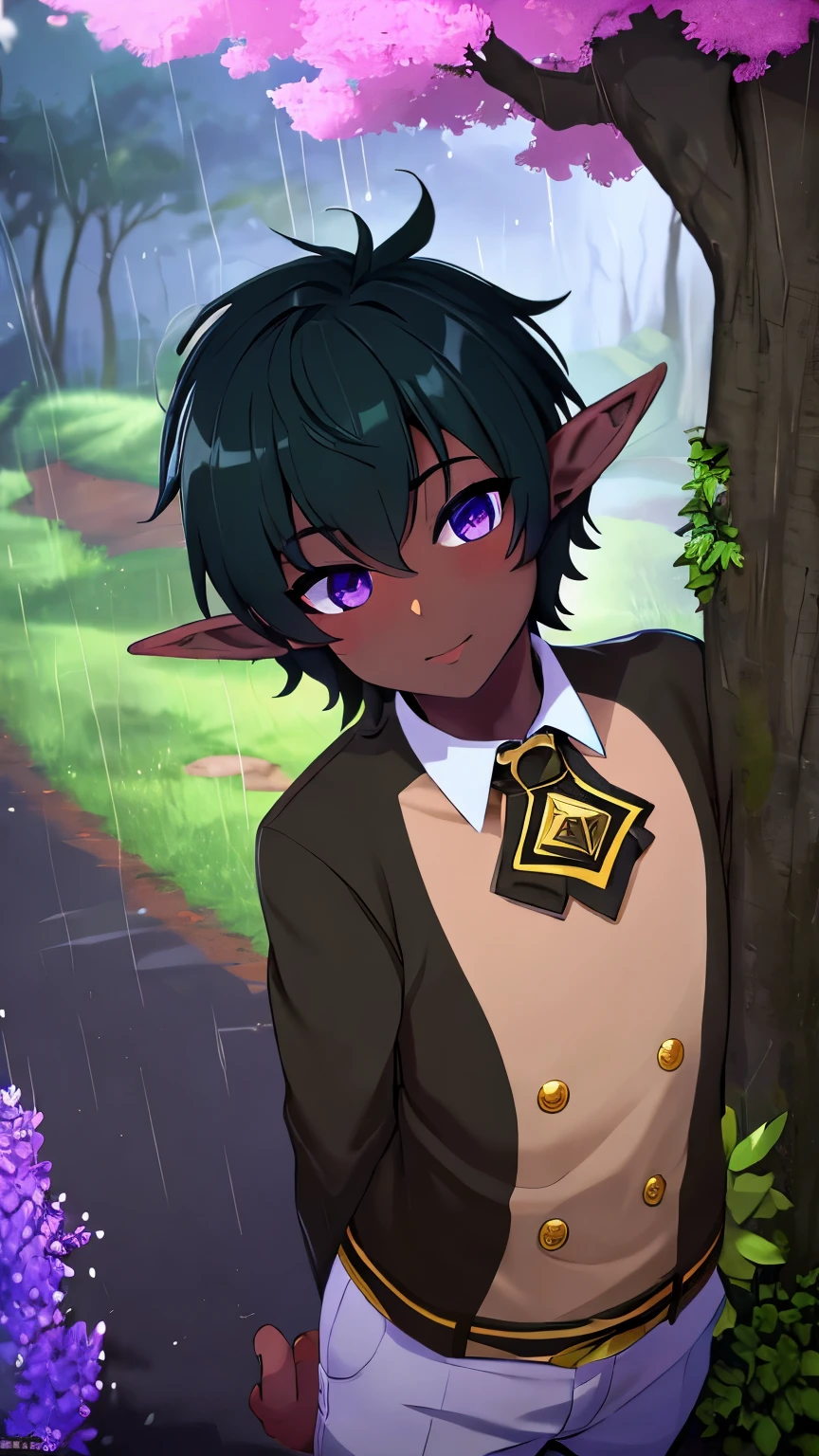 (masterpiece, Best quality, ultra high resolution, wallpaper, amazing), (1 boy:1.4), Elven ears lowered down, dark skin, Thick short hair, One strand of hair sticks out of the head from above, Blurred vision,  lilac eyes, Cute face, On a forest road in the rain, beautiful and detailed face, detailed eyes, Don&#39;Don&#39;t worry, Full-size adventure-style clothing