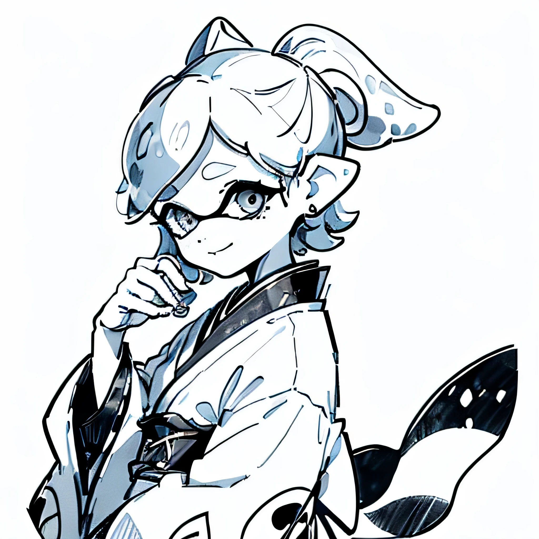 one girl,Splatoon,smile,side angle,black and white,kimono,seiza,No background