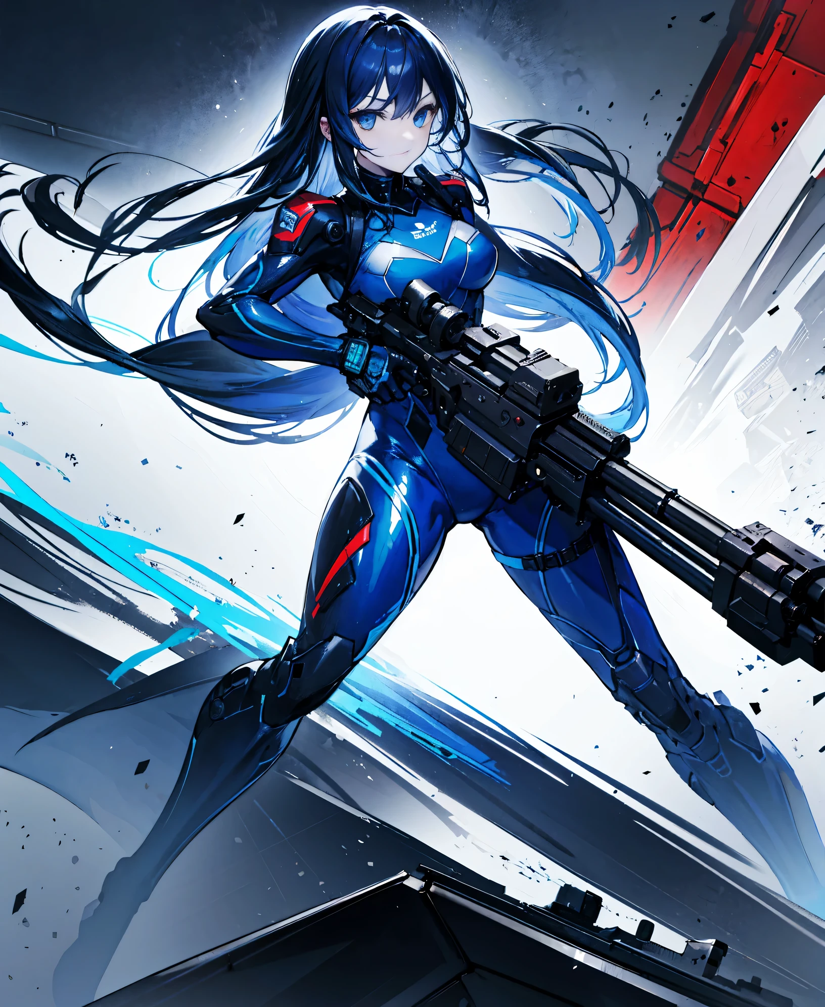 no background，girl，carry a firearm，Enamel-like tight suit，use of firearms，dark blue long hair，attention arousal，blue colored eyes,no gradation