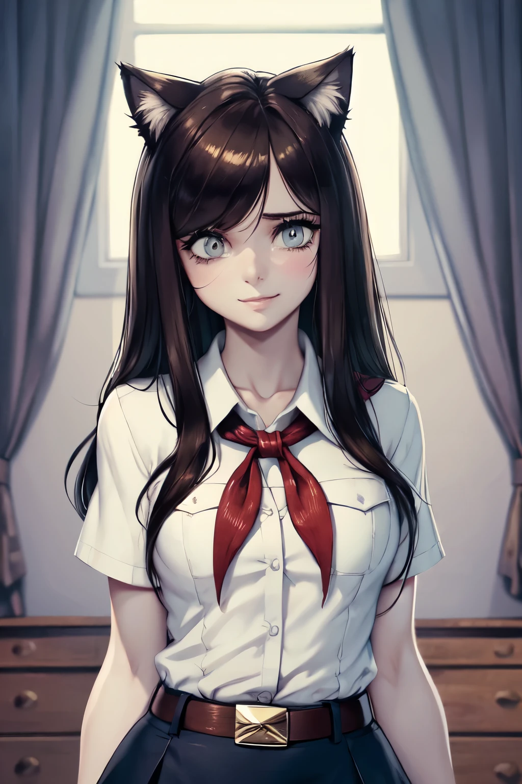 very young slim fit girl, at full height, rounded face, very long disheveled dark brown hair, big brown eyes, shy smile, perfect flat breast, band on head with fake cat ears, parororo, pioneer neckerchief, blue thight microskirt, bangs, shirt, collarbone, white shirt, short sleeves, collared shirt, belt, neckerchief, eyelashes, red neckerchief, breast pocket, ariaw, a strand of hair between the eyes