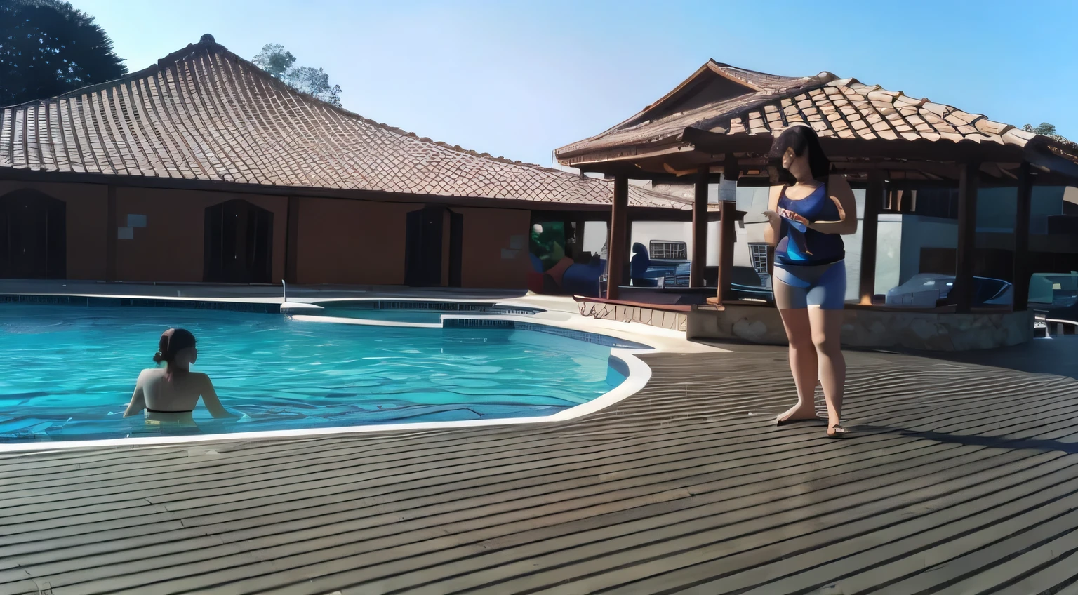 there is a woman standing next to a pool with a , swimmingpool, poolside, playing at swiming pool, swimming pool, pool, next to a pool, swimming, swimming pool in front, outside, go pro, malika favre, bottom angle, full body wide shot, next to a tropical pool, full - view, beautiful image, full pose.