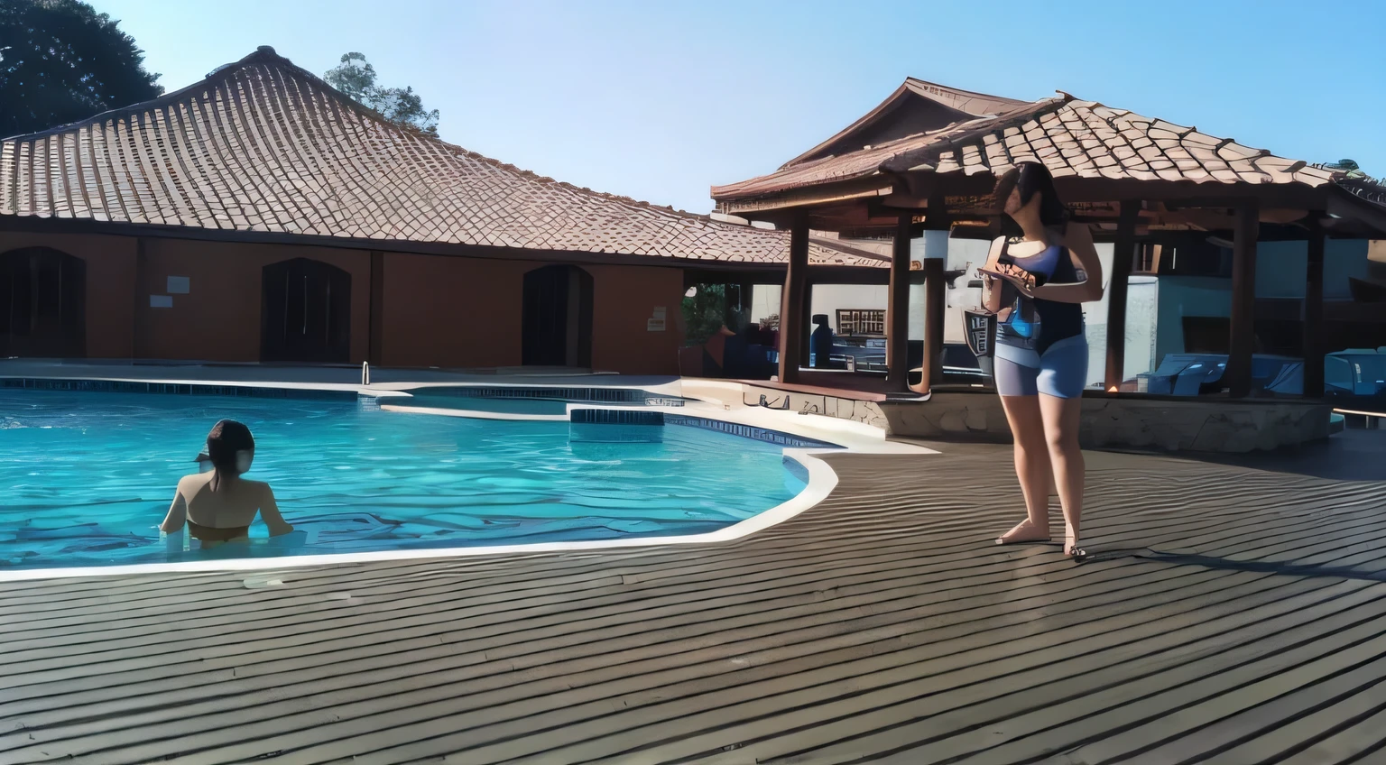 there is a woman standing next to a pool with a , swimmingpool, poolside, playing at swiming pool, swimming pool, pool, next to a pool, swimming, swimming pool in front, outside, go pro, malika favre, bottom angle, full body wide shot, next to a tropical pool, full - view, beautiful image, full pose.