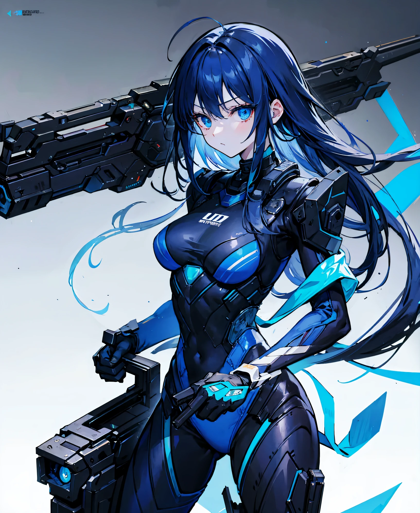 no background，girl，carry a firearm，Enamel-like tight suit，use of firearms，dark blue long hair，attention arousal，blue colored eyes,no gradation