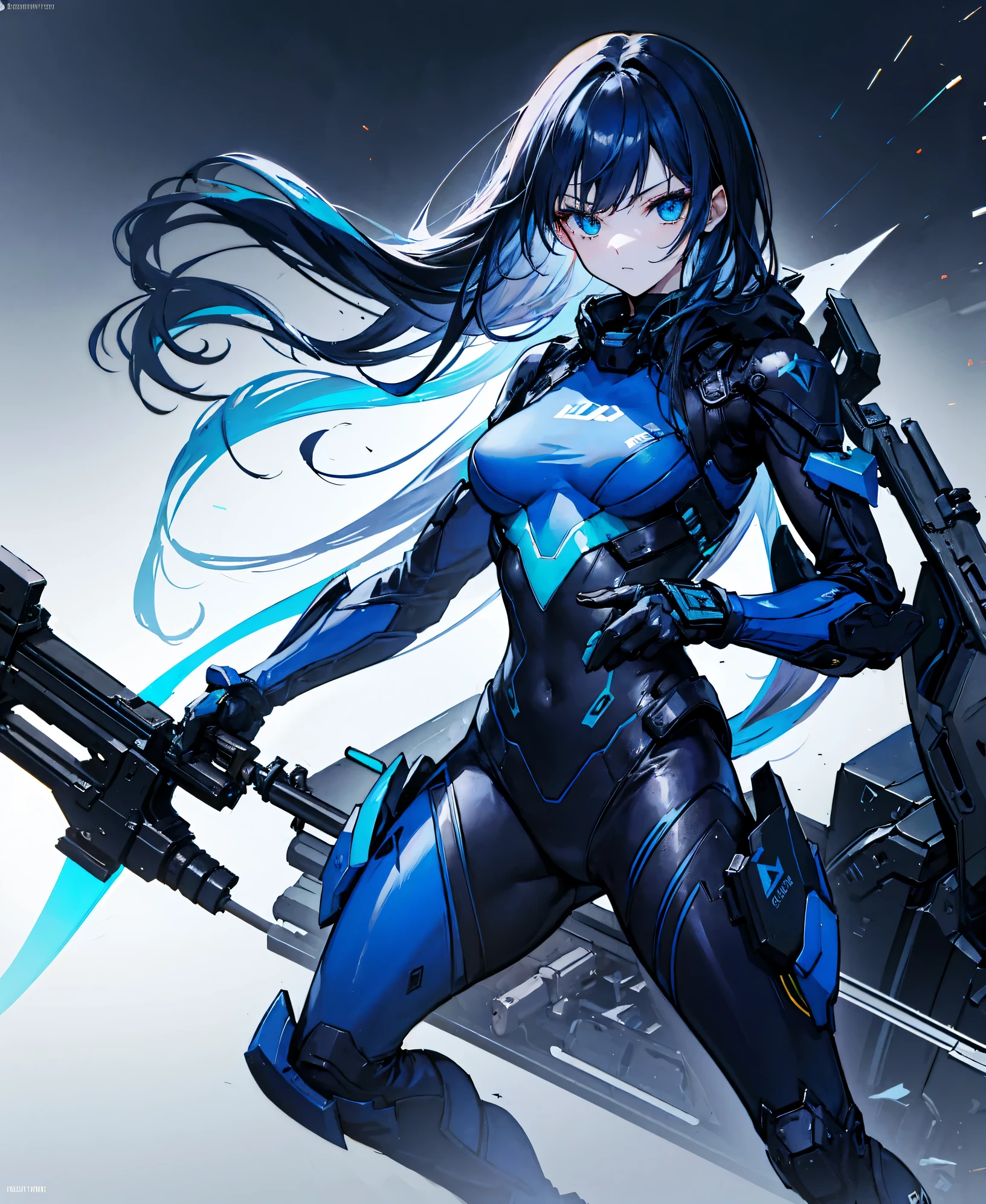 no background，girl，carry a firearm，Enamel-like tight suit，use of firearms，dark blue long hair，attention arousal，blue colored eyes,no gradation