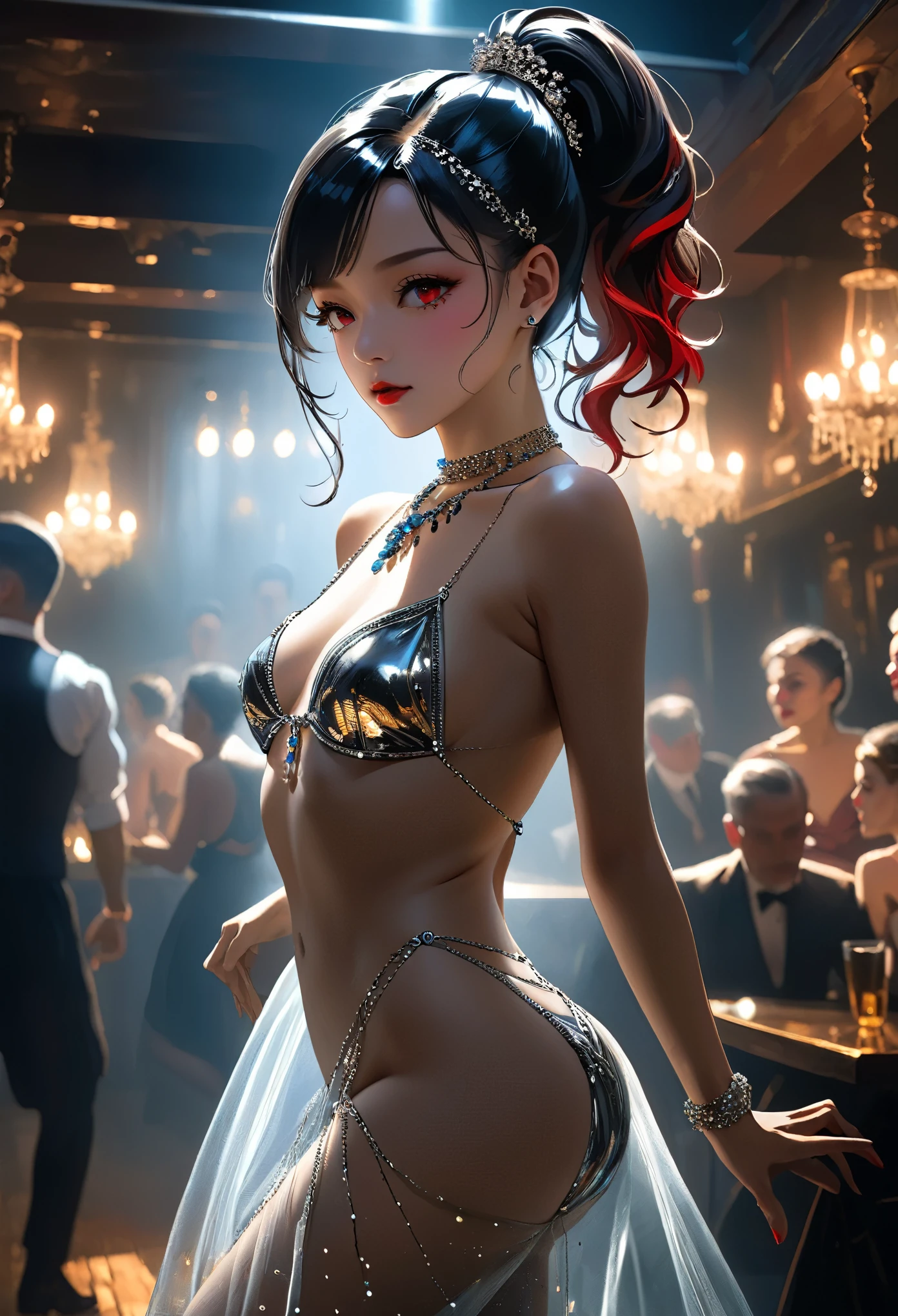 An ancient portrait oil painting, a young asian dancer, Wearing a metal bikini, thin veil, Shiny fine chain ornaments, Waist chain, With a tulle shawl, Reveals a sexy belly, Dancing in a dark, rundown tavern, dim lights, clear lighting, Drunks drinking, backlight, Dancer silhouette, ((Dancing moves:1.8)), Red gauze dress, Girl dancer with heavy makeup, Detailed hair, Detailed eyes, single ponytail, Expressionism, Constructivism, out of frame, zoom layer, dutch angle, wide shot, Art Deco, rococo style, chiaroscuro, UHD, anatomically correct, textured skin, best quality, highres, 8k