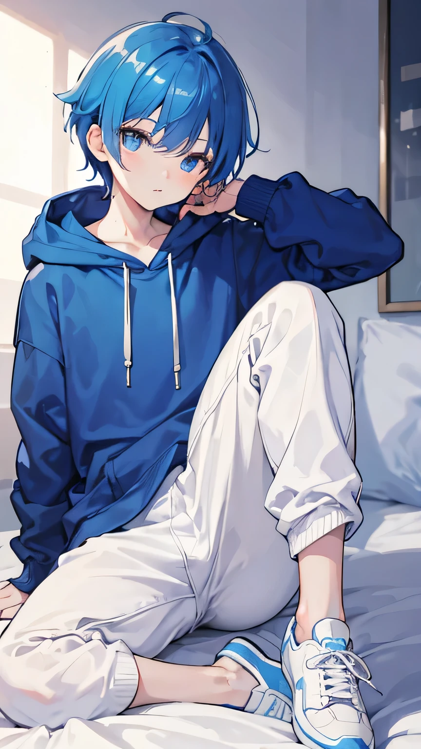best quality，1 boy，young，Have beautiful and delicate eyes，Wearing a blue hooded sweatshirt，Wearing white casual pants，wearing sportshoes，short hair，broken bangs，sitting on bed，Bedroom background