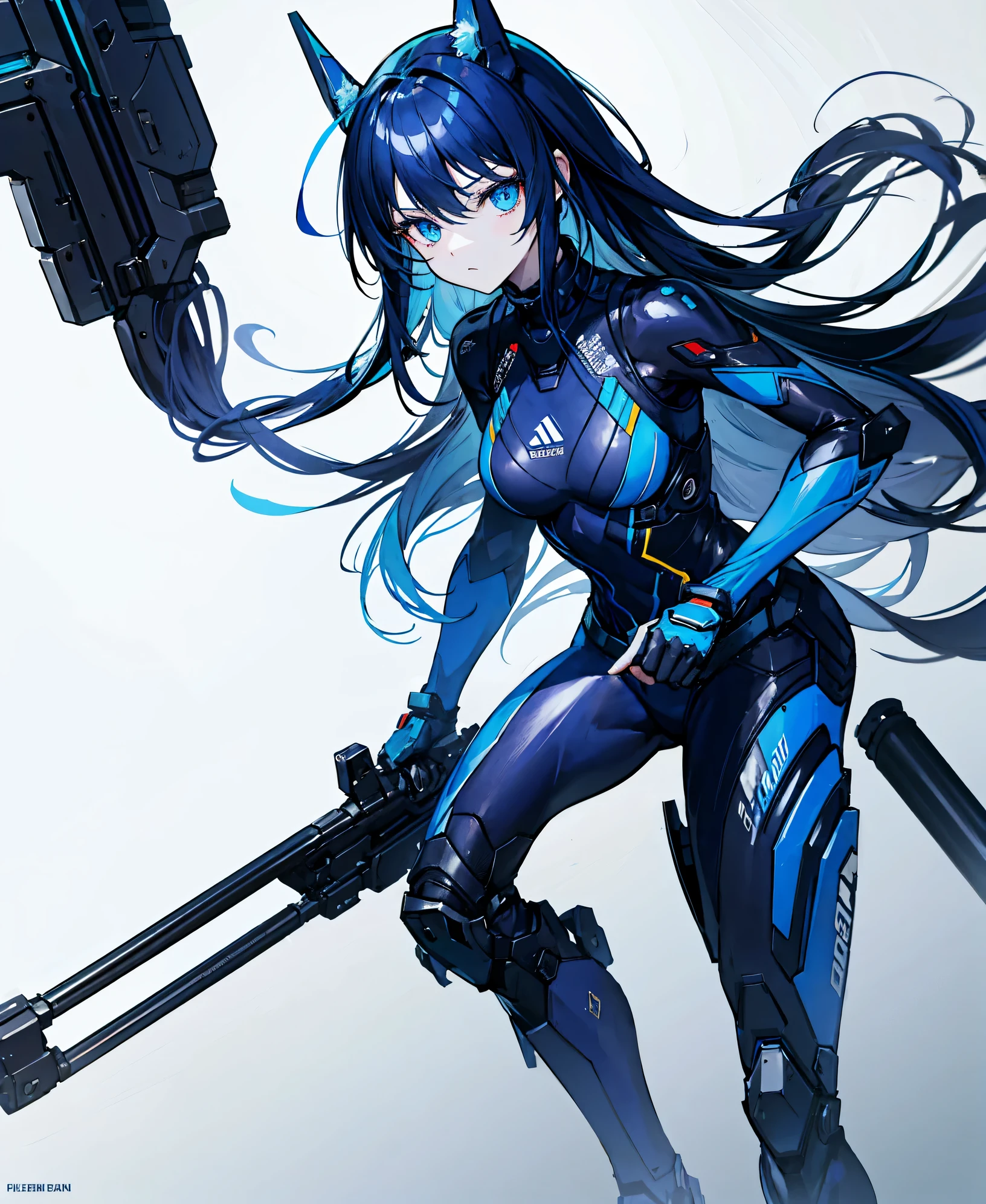 no background,girl,carry a firearm,Enamel-like tight suit,use of firearms,dark blue long hair,attention arousal,blue colored eyes,no gradation