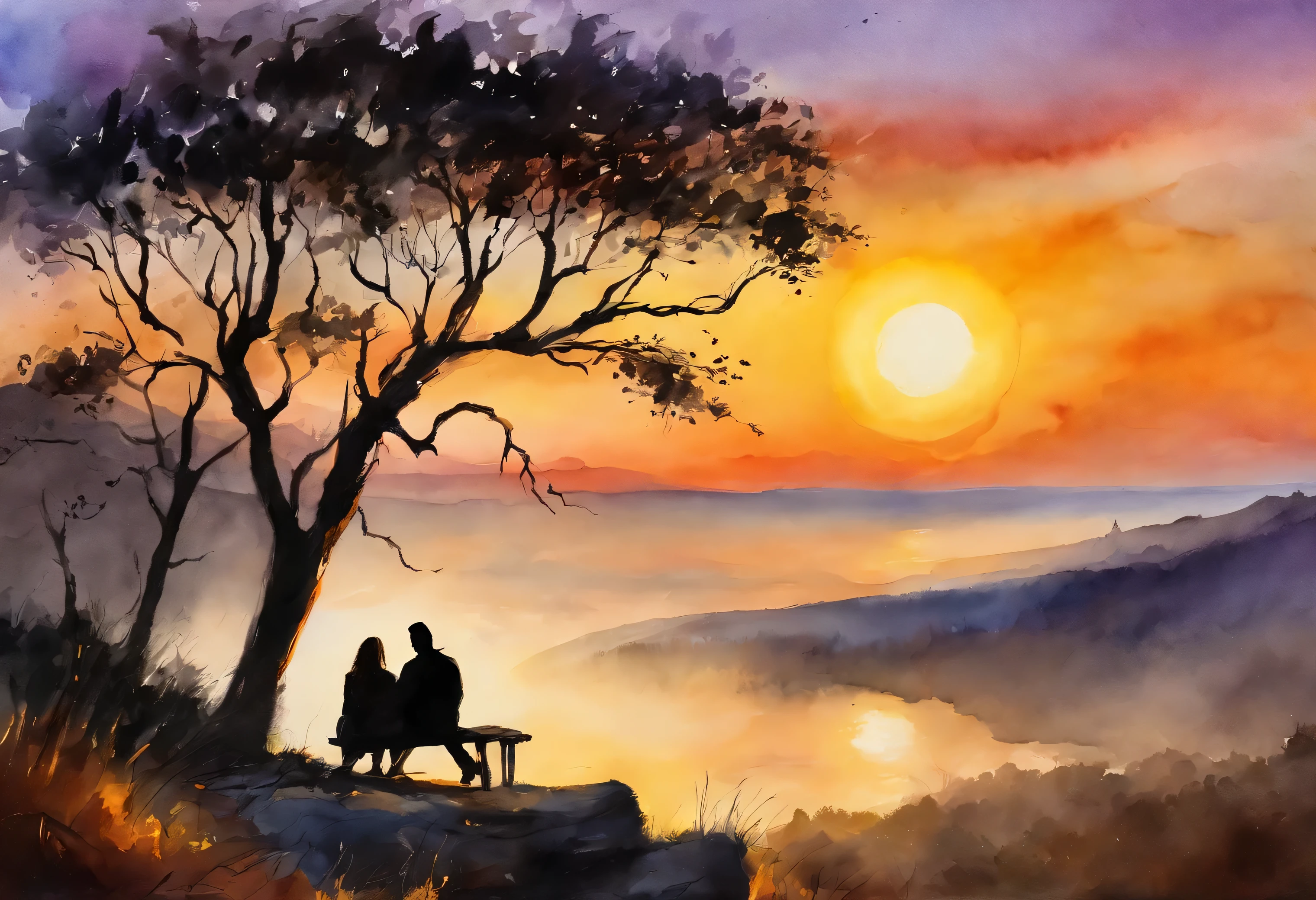 silhouette of a lovely couple sitting on the edge of a cliff watching the sunset artwork painting and spray paint effect, by Eugeniusz Zak, watercolor art, by Károly Lotz, watercolor painting, watercolor painting style, watercolor detailed art, by Reuben Tam, watercolor digital painting, watercolor paint, masterfully detailed watercolor, watercolor art, Grzegorz Rutkowski
