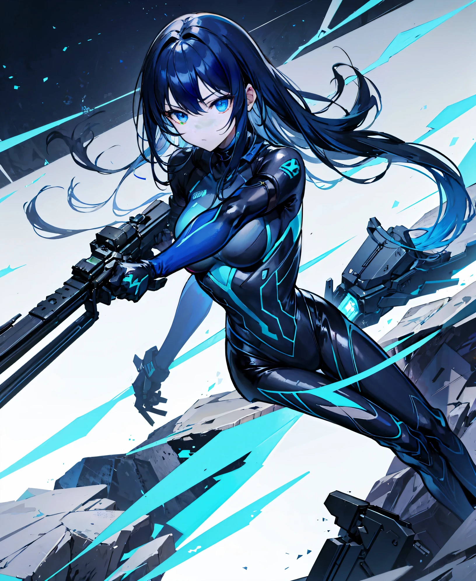 no background,girl,carry a firearm,Enamel-like tight suit,use of firearms,dark blue long hair,attention arousal,blue colored eyes,no gradation