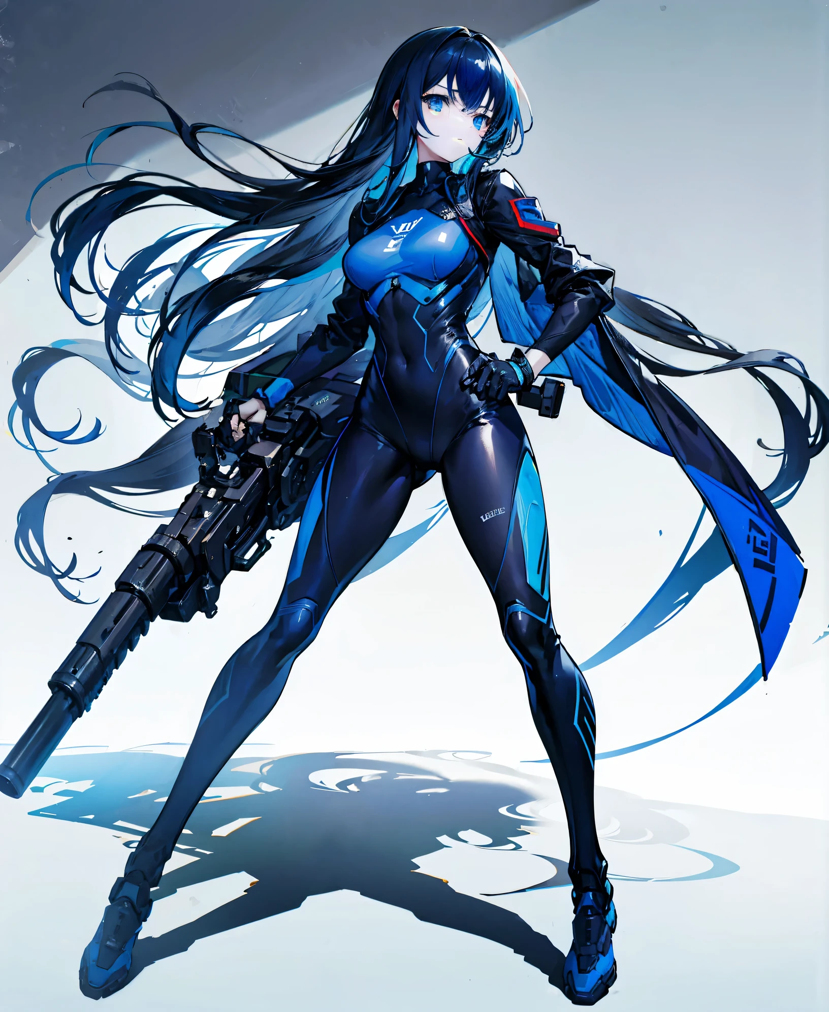no background,girl,carry a firearm,Enamel-like tight suit,use of firearms,dark blue long hair,attention arousal,blue colored eyes,no gradation