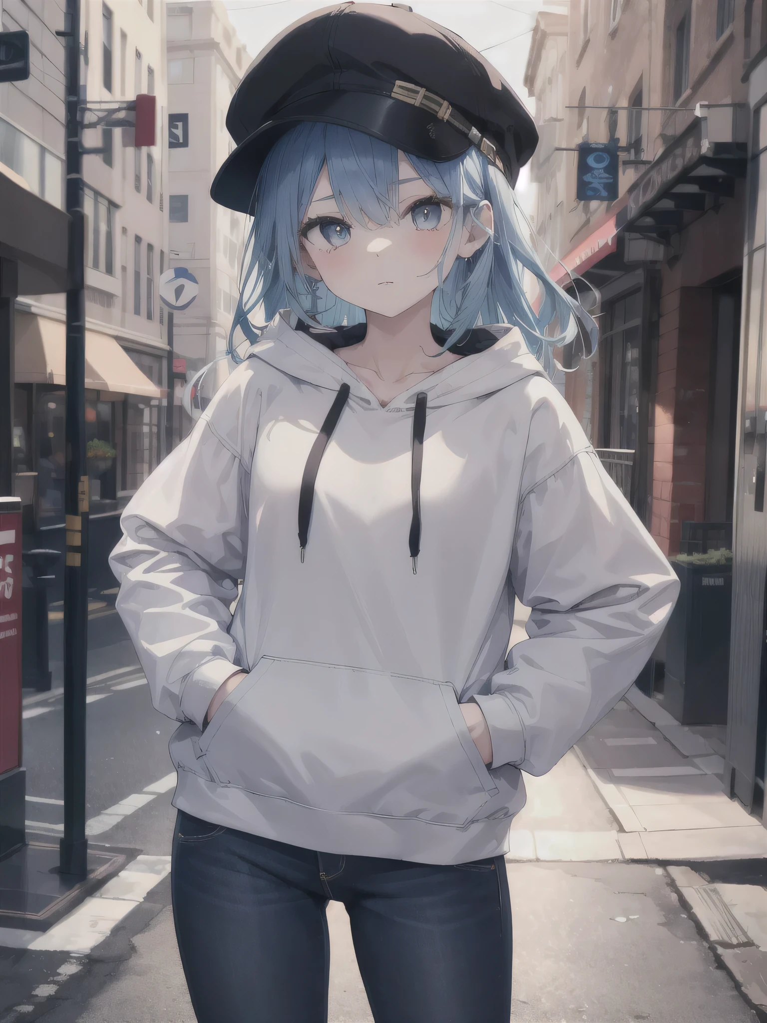 masterpiece,1girl,solo,long hair,blue hair,hoodie,off shoulder:1.2, mob cap, street,hand on hip, hand in pocket,looking at the viewer