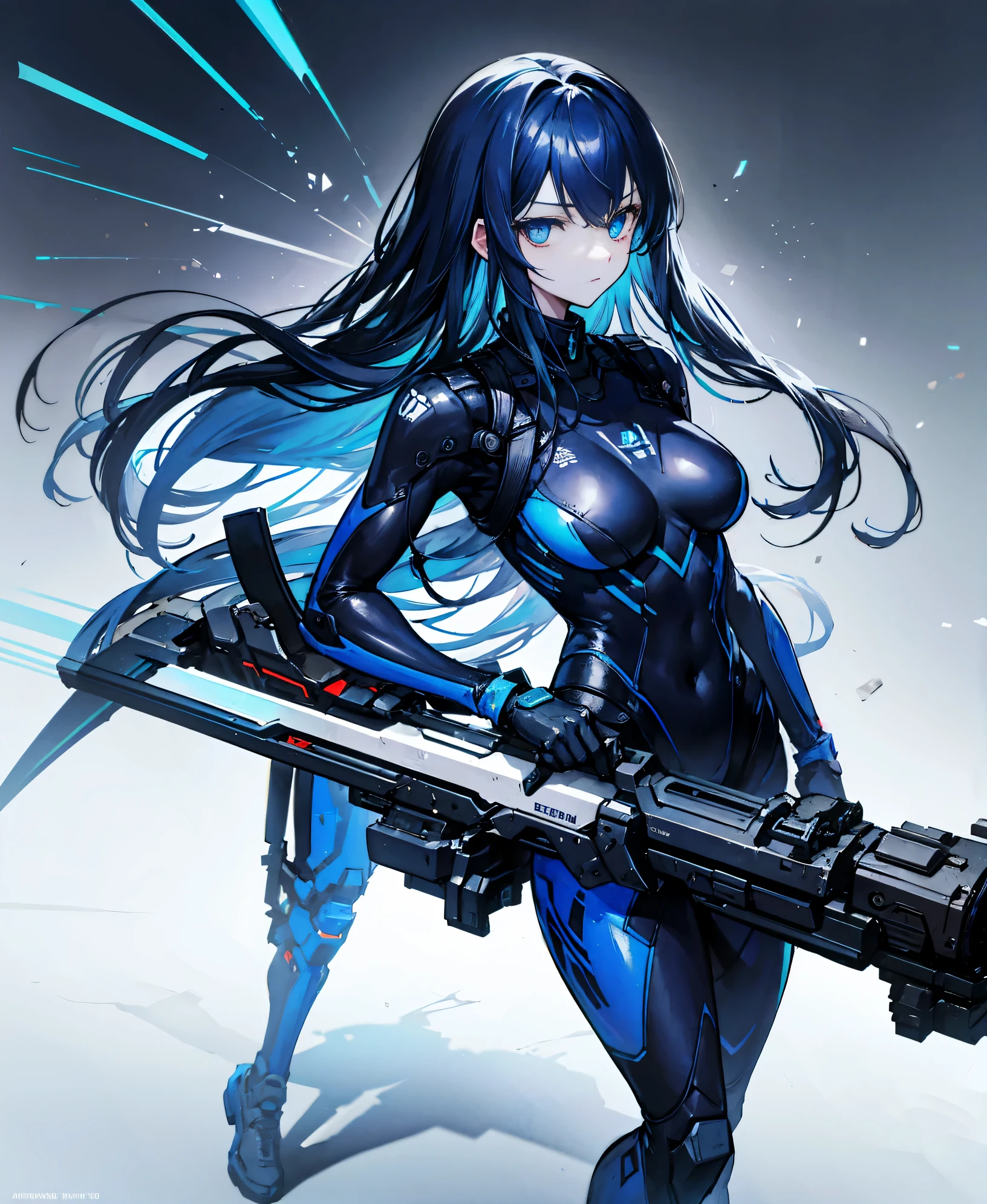 no background,girl,carry a firearm,Enamel-like tight suit,use of firearms,dark blue long hair,attention arousal,blue colored eyes,no gradation