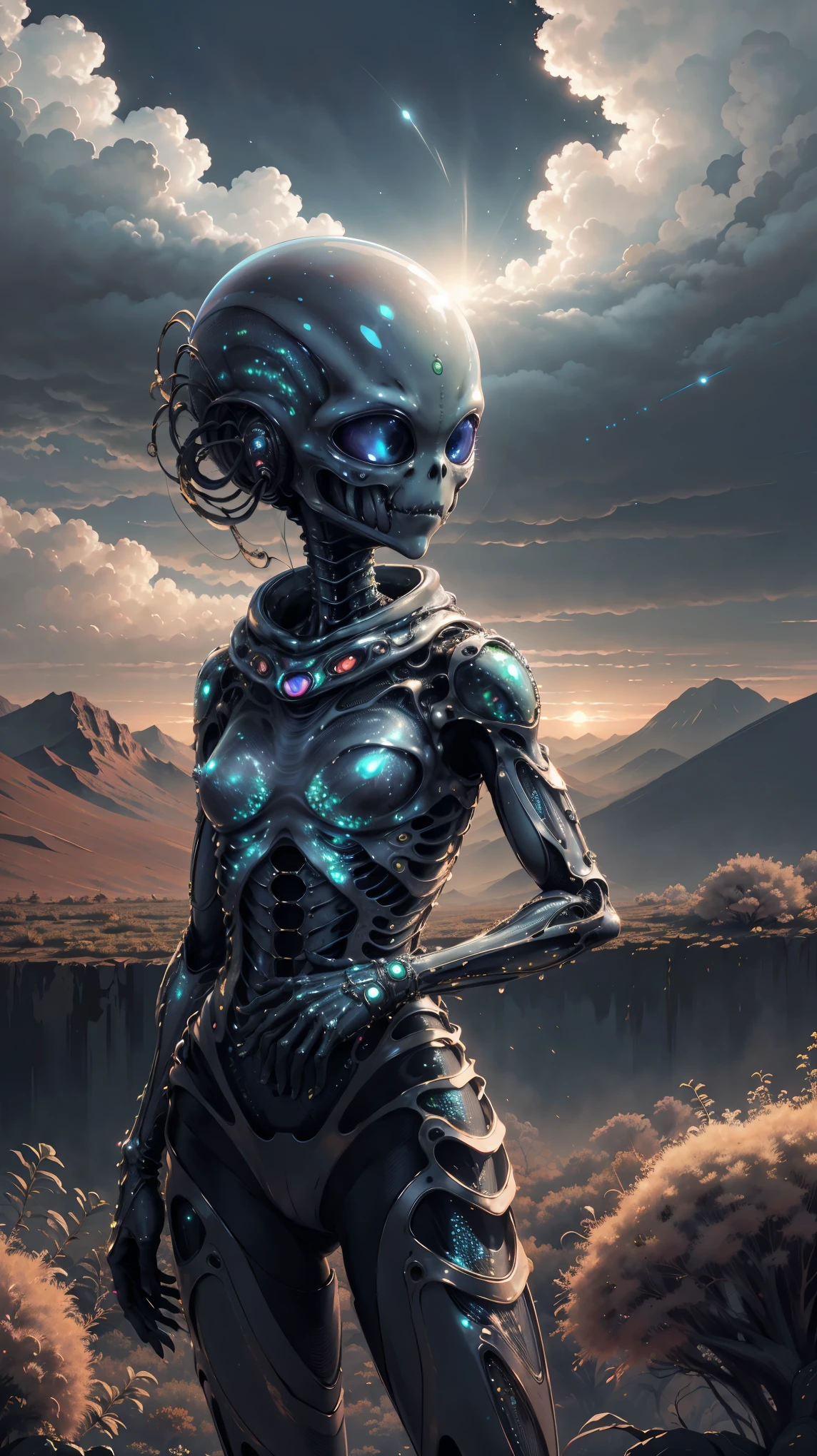 (highest quality, 4k, High resolution, masterpiece:1.2), Super detailed, Alien, Earth's surface filled with gas, Wilderness, spookyAlienの風景, (Unforgettable,spooky)haze, (Unlucky,Disastrous)cloud, spookyカラーパレット, (((wandering alien:1.3))), 500㎜, f/4.0, photo shoot,