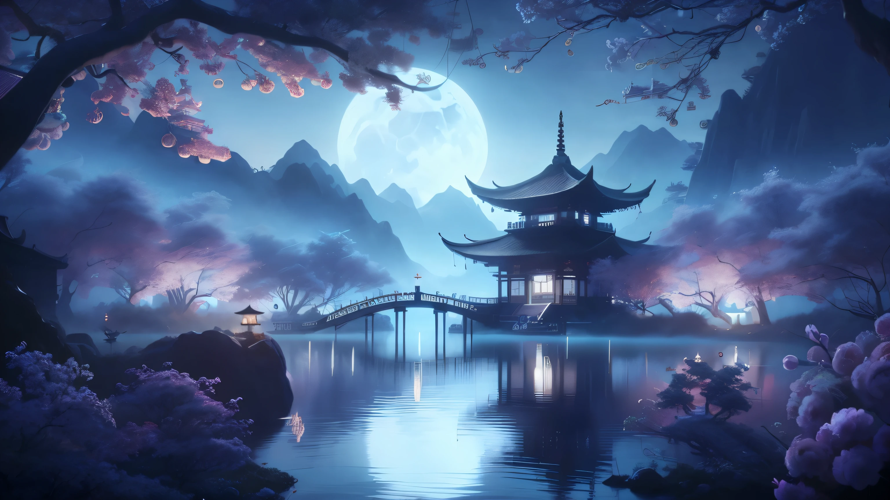 A painting of a pagoda in the middle of the lake, pagoda figures, 8K Stunning Artwork, 4k highly detailed digital art, calm night. digital illustration, Chinese fantasy, Beautiful art ultra hd 4k, Zen temple background, Beautiful digital artwork, Cyberpunk Japanese Temple, background artwork, Cyberpunk Chinese Ancient Castle, Epic fantasy landscape