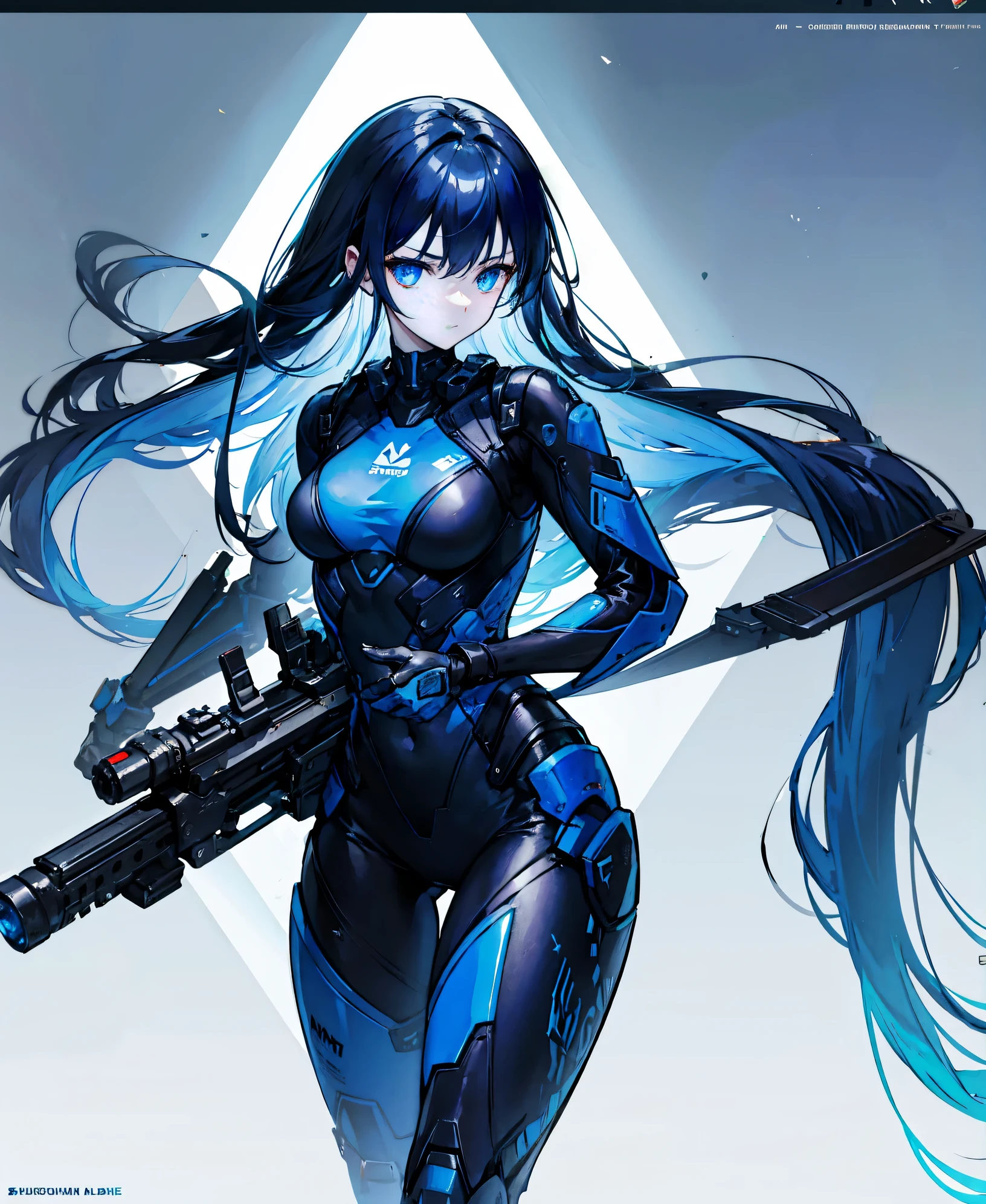 no background，girl，carry a firearm，Enamel-like tight suit，use of firearms，dark blue long hair，attention arousal，blue colored eyes,no gradation