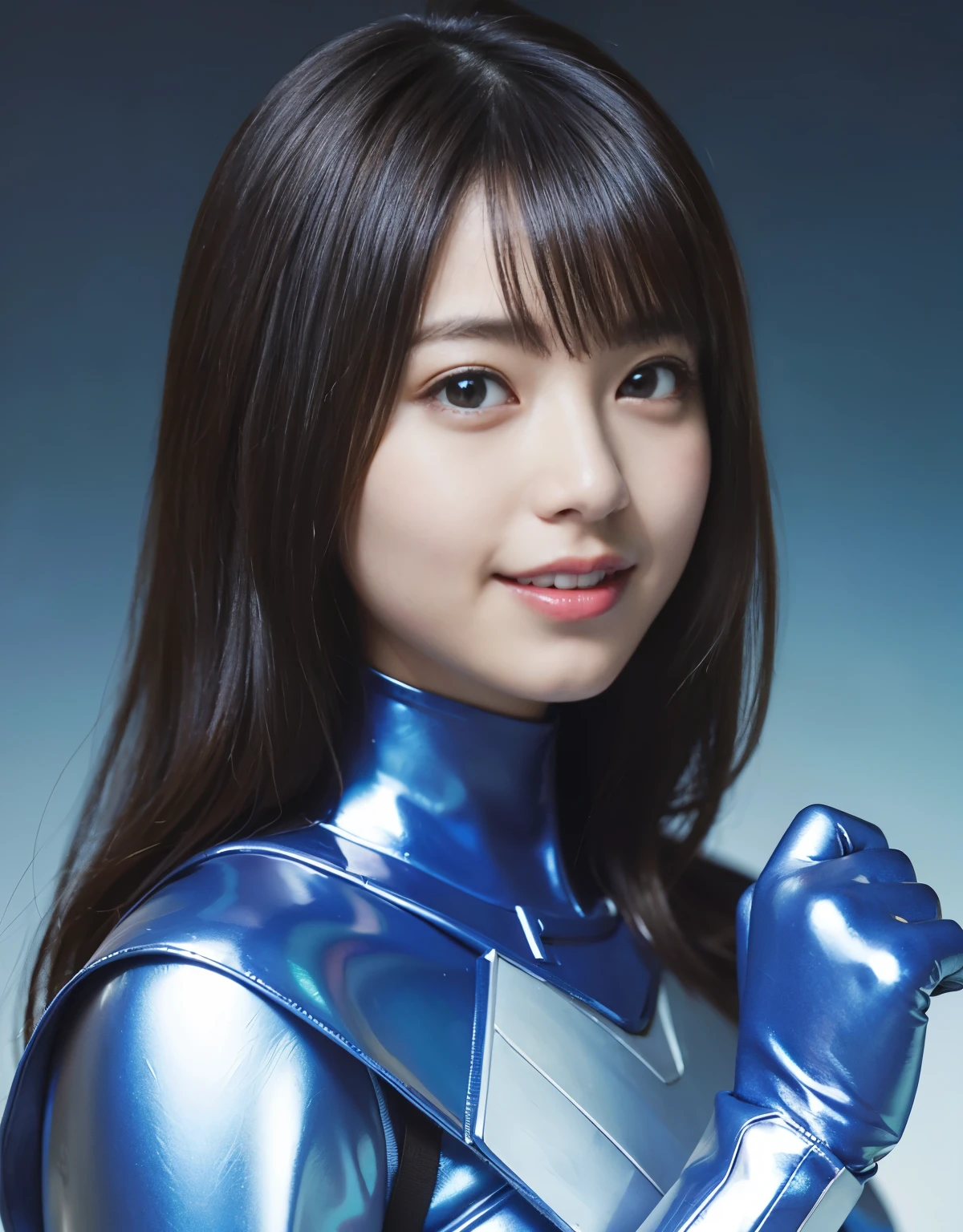 (1 girl)、highest quality、masterpiece、超A high resolution、(Photoreal:1.4)、Raw photo、1 girl、(He wears a blue Iron Man costume made of super shiny latex.)、Marvel characters、long sleeve,、rubber gloves、Portrait、Shadow、octane rendering、8K、super sharp、Metal、intricate decorative details、Japan details、very intricate details、Close-up、realistic light、(smile)、CG Society Trends、shining eyes、towards the camera、Small LED