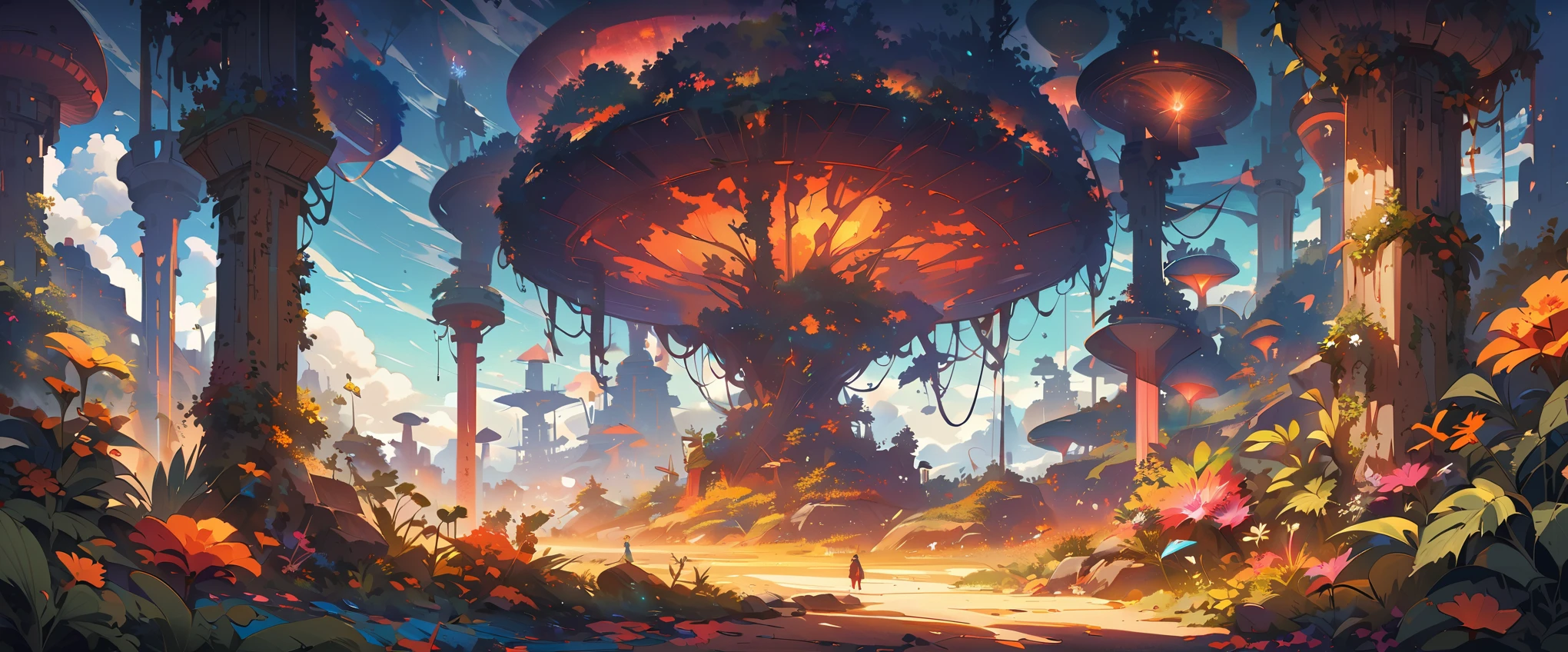 Create otherworldly landscape images, Exotic plants and animals thrive in unfamiliar environments. The sky should be deep, Bright colors unlike those seen on Earth, Multiple satellites or objects are visible. TerrainRugged，Rugged, Glowing crystals stick out from the ground. exception, Bioluminescent plants should be scattered around, Cast a strange light. in the distance, Tall spiers or structures of unknown origin should be looming, hints at a civilization beyond our understanding. A world that exceeds our expectations and inspires the imagination.
