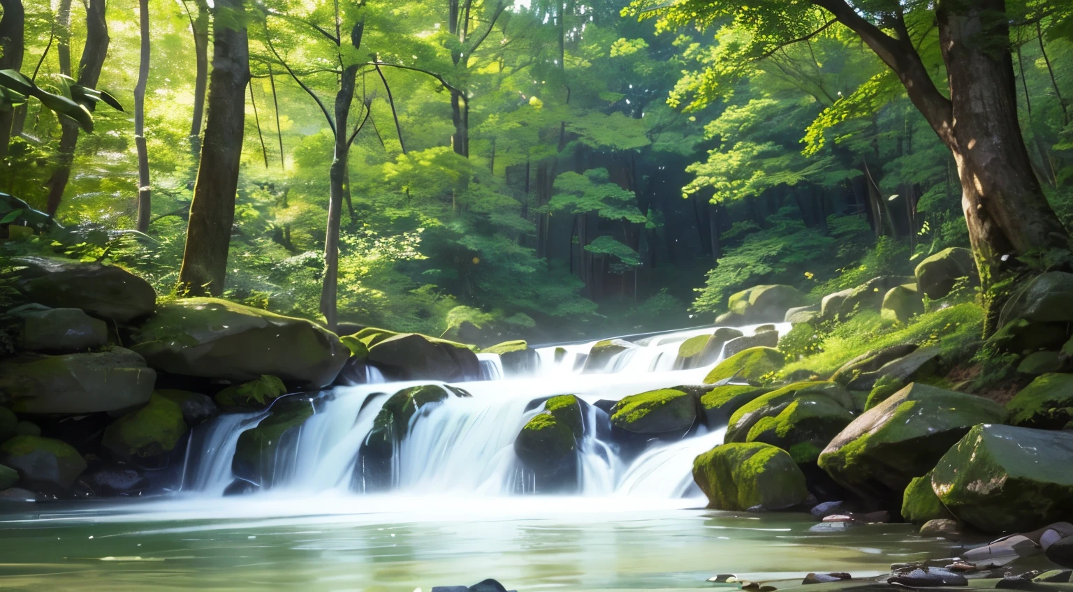 I took a photo of a peaceful moment spent in nature..。wood々Imagine a peaceful landscape bathed in soft morning light.。.。a gentle meandering stream、Surrounded by lush greenery。The overall atmosphere is calm and connected to the natural world.、Highlights the beauty and serenity of outdoor moments。