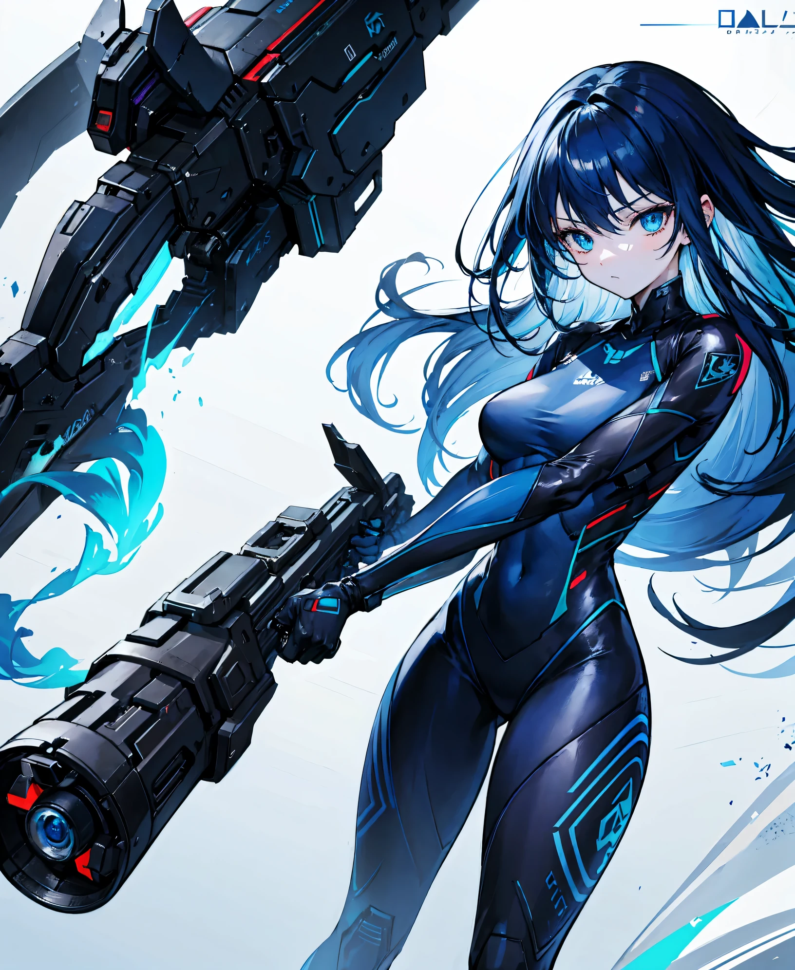 no background,girl,carry a firearm,Enamel-like tight suit,use of firearms,dark blue long hair,attention arousal,blue colored eyes,no gradation