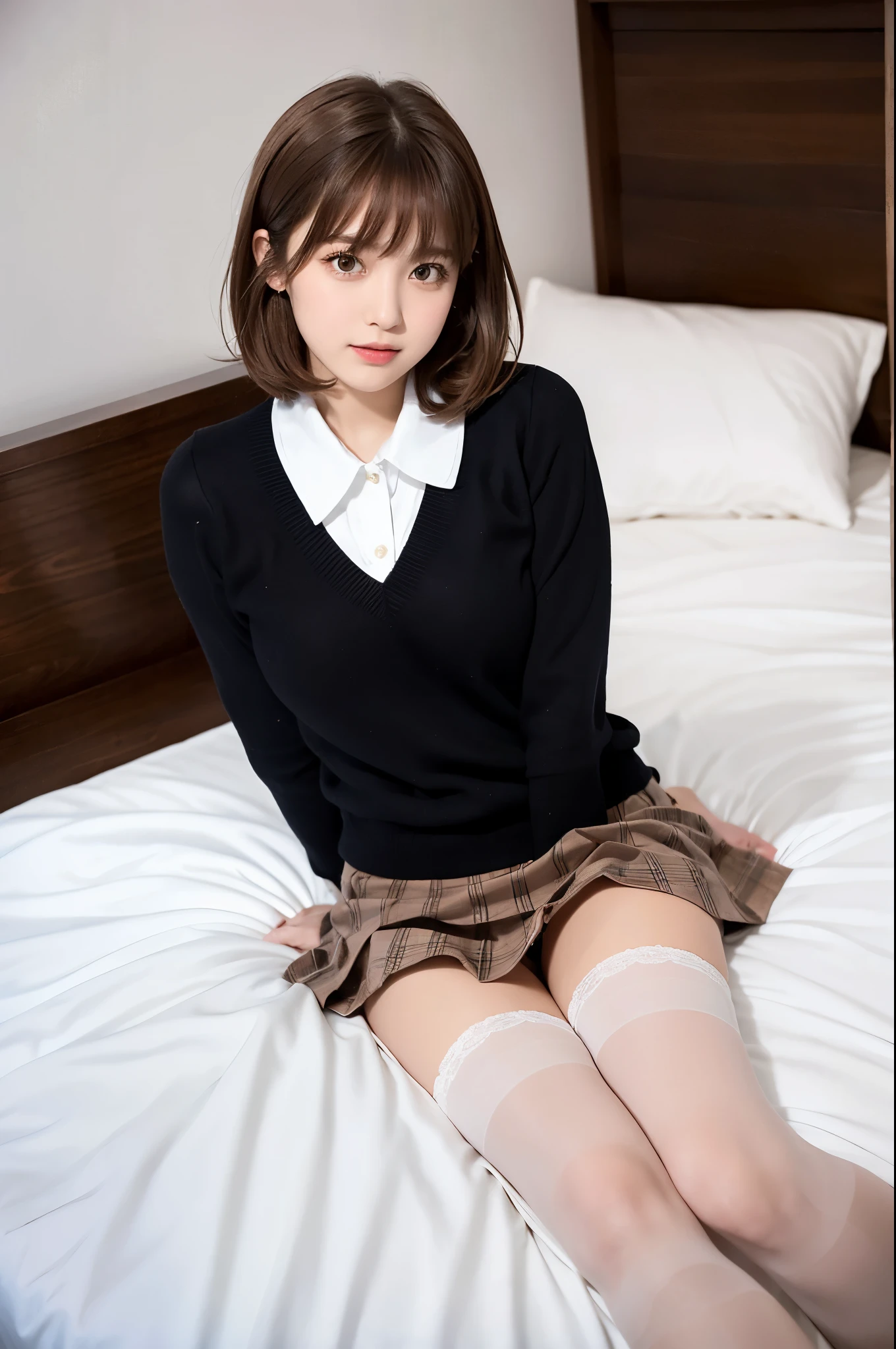highest quality, masterpiece, very detailed, (full body shot), Front view, symmetry, mature japanese , alone, (alone: 1.3), thin legs, whole body from head to toe, From above, sitting, M-shaped spread legs, look at the viewer: 1.3), small breasts, (black pantyhose): 1.2), white panties are visible, very beautiful girl, I don't have shoes, (blush: 1.3), shy big eyes, (short (brown hair part), (bangs), messy hair, (hairpin), Lying on white sheets, I'm watching you: 1.3), looking at camera, look white, white underwear, high school uniform blazer, high white shirt, high blue ribbon, High school student's plaid and navy pleated skirt, mikoto rose, long brown hair, brown eyes