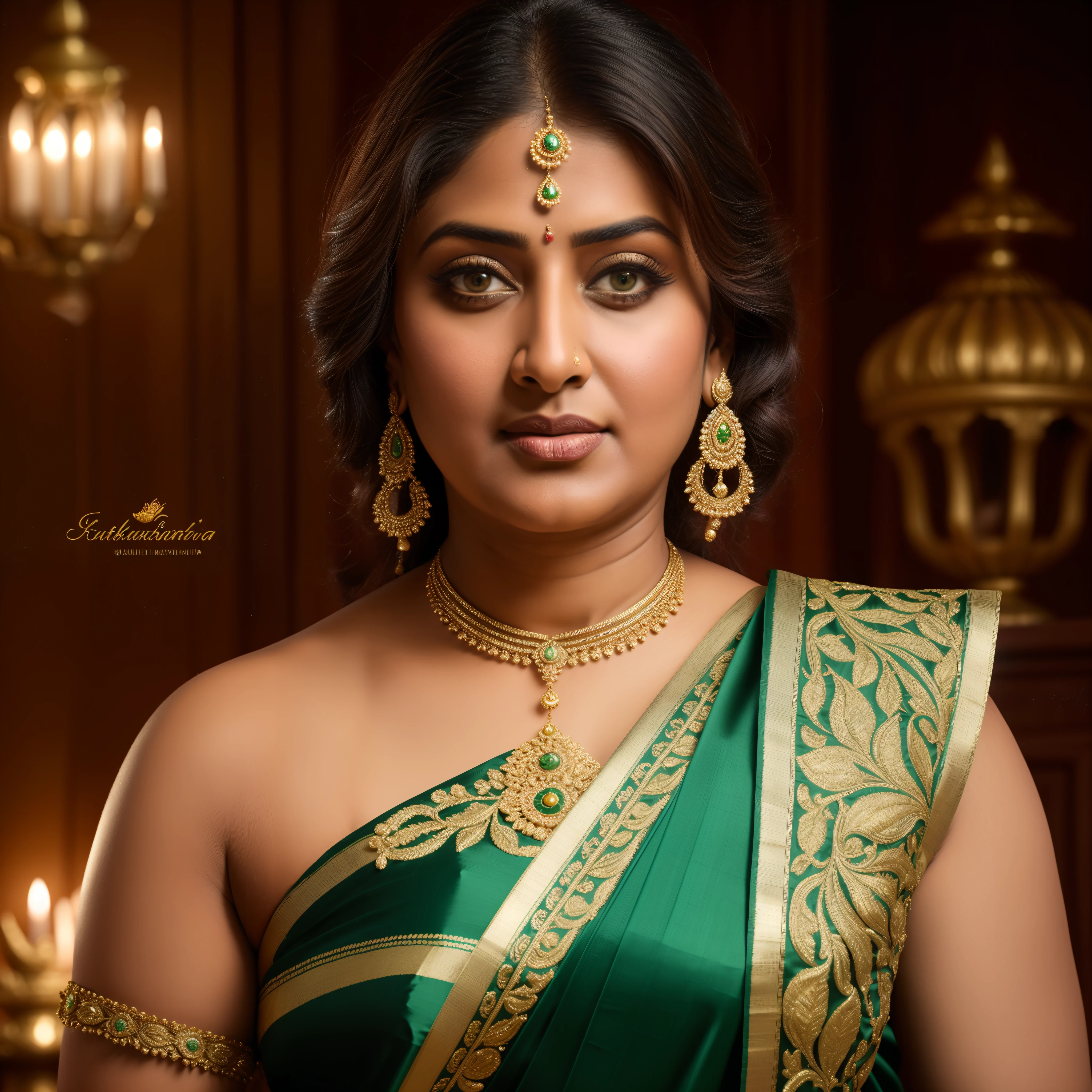 50yo mature MILF Anushka Shetty,((best quality)), ((masterpiece)), ((realistic)), Medusa, Vishkanya , sundari, Apsara, Mohini, Kamini, Kalaripayattu woman, Hindu mythology, goddess of beauty and war, full body, beautiful flowers styled in the hair , green eyes, female face,metal carved top, royal aura, trend on artstation , sharp focus, studio photo, intricate detail, very detailed, detailed eye, illustration, very detailed, sharp focus, digital render, professional, 4k, low waist saree satin sleeveless saree fashion,, she hates wearing any bra or blouse, thick figure, bulky figure, thick belly, kerala style draping, traditional Indian wearing,