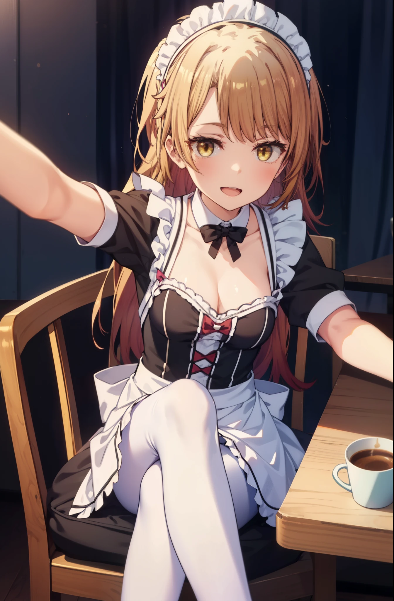 irohaisshiki, iroha isshiki, long hair, brown hair, (brown eyes:1.5), Take a selfie from above your head,with left hand, He opened the collar of his shirt to show his cleavage..,smile, smile, open your mouth,short braided hair,ponytail,blush,smile,Maid clothes,Medium chest,she was wearing a miniskirt, black pantyhose, sitting cross-legged on a chair,So that the whole body is included in the illustration,
break indoors, coffee shop,
break looking at viewer,
break (masterpiece:1.2), highest quality, High resolution, unity 8k wallpaper, (shape:0.8), (fine and beautiful eyes:1.6), highly detailed face, perfect lighting, Very detailed CG, (perfect hands, perfect anatomy),