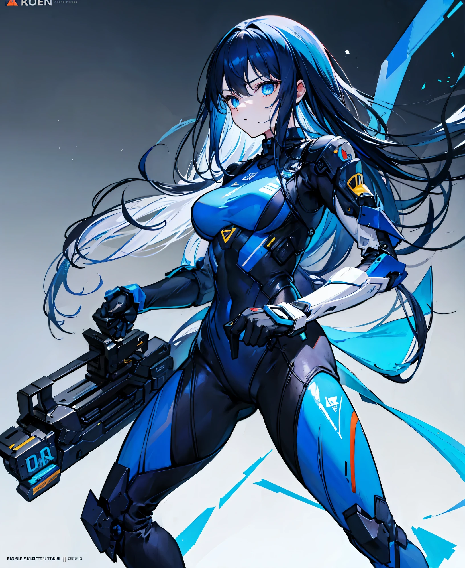 no background，girl，carry a firearm，Enamel-like tight suit，use of firearms，dark blue long hair，attention arousal，blue colored eyes,no gradation