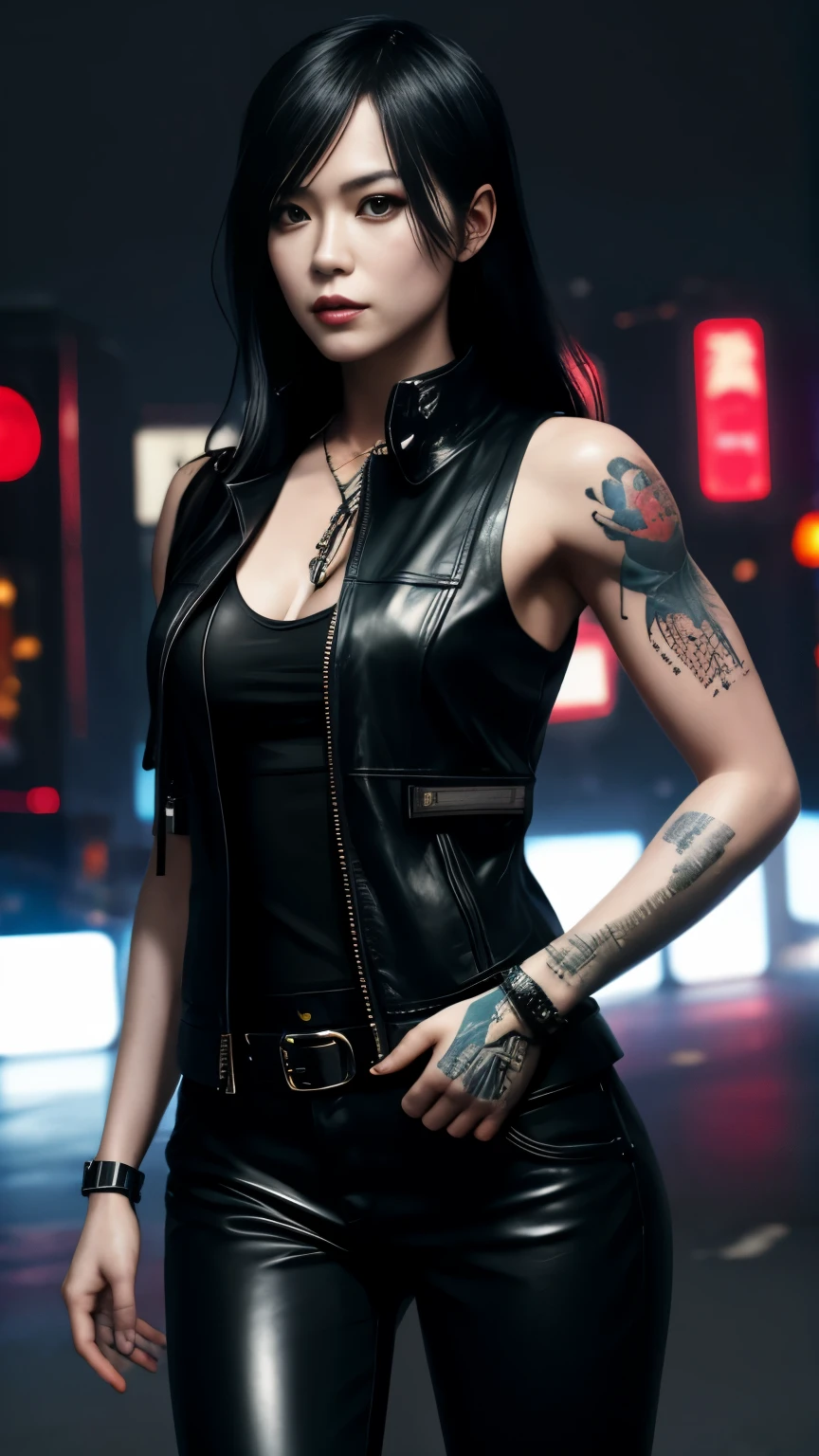 highest quality，masterpiece，Super detailed，8K, UHD，Beautiful woman，japanese woman，No expression，(topless)，whole body，((tattoo))，slim，black leather pants，Black Leather Vest，(Female Mafia)，gangster，(cyberpunk city)，night，cinematic lightning，movie poster，underworld