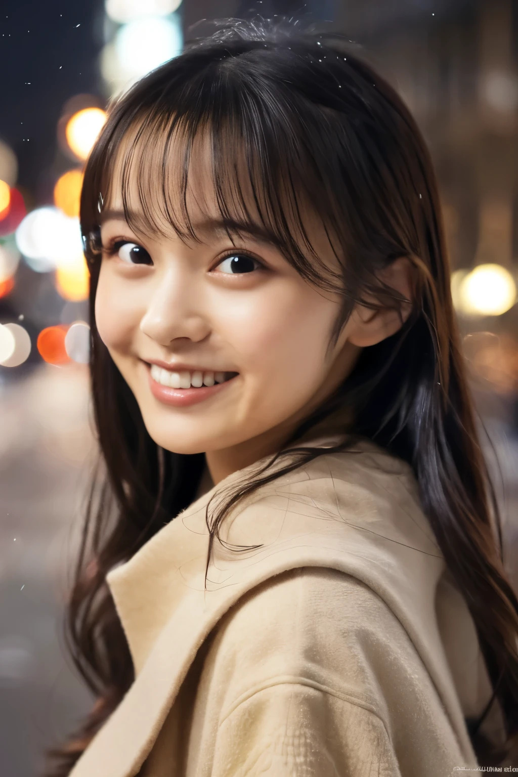 1 girl, (casual winter clothes:1.2), beautiful japanese actress, (Raw photo, highest quality), (realistic, Photoreal:1.4), masterpiece, very delicate and beautiful, very detailed, 2k wallpaper, wonderful, finely, very detailed CG Unity 8K 壁紙, Super detailed, High resolution, soft light, beautiful detailed girl, very detailed目と顔, beautifully detailed nose, beautiful and detailed eyes, cinematic lighting, Charade (Against the backdrop of a snowy night cityscape 1.3), city lights, perfect anatomy, slender body, smile, Face the front completely, look at the camera, Hokkaido Serial Murder, Disappear in Okhotsk, tracking