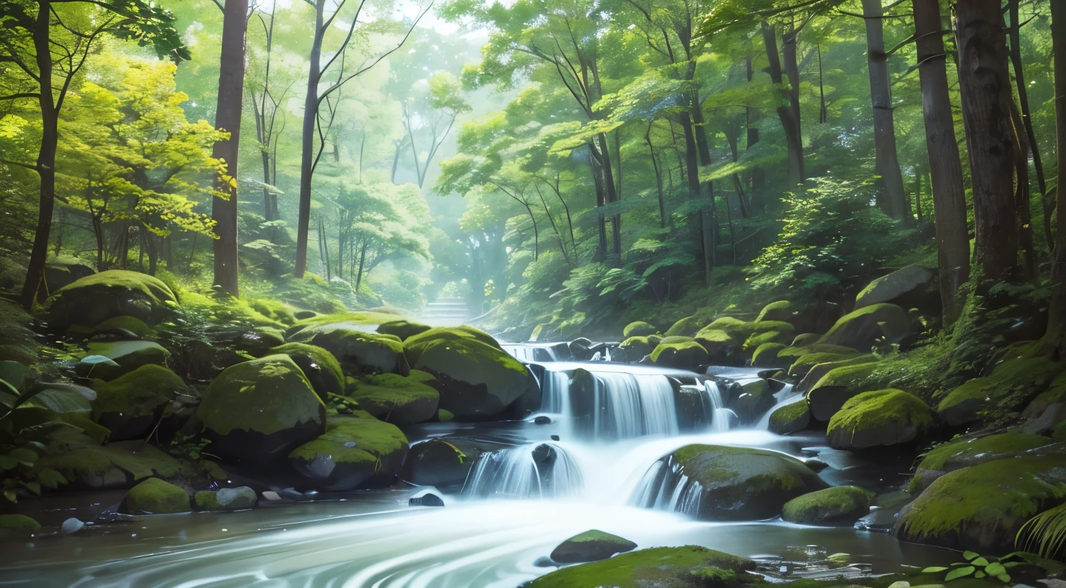 I took a photo of a peaceful moment spent in nature..。wood々Imagine a peaceful landscape bathed in soft morning light.。.。a gentle meandering stream、Surrounded by lush greenery。The overall atmosphere is calm and connected to the natural world.、Highlights the beauty and serenity of outdoor moments。