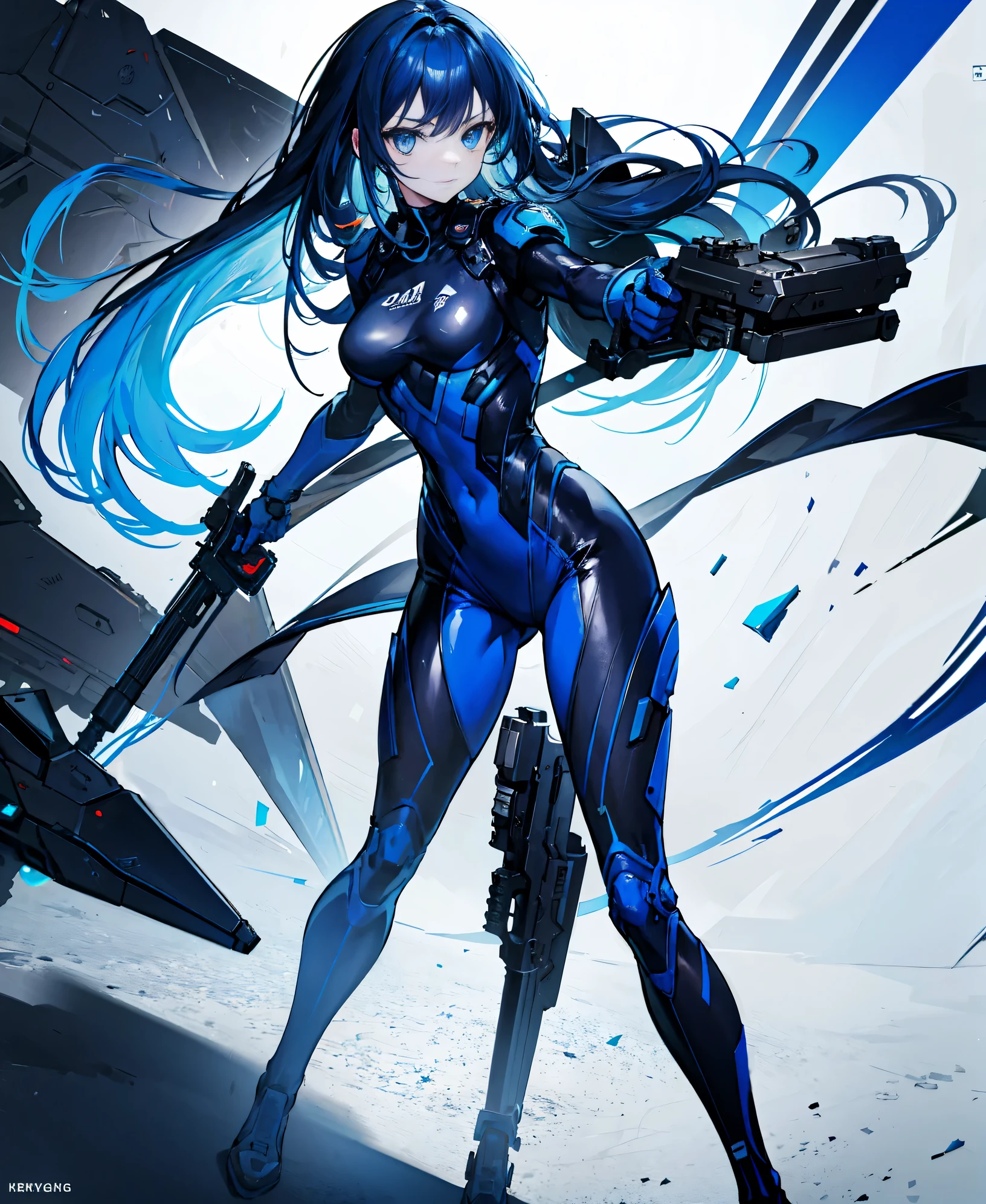 no background,girl,carry a firearm,Enamel-like tight suit,use of firearms,dark blue long hair,attention arousal,blue colored eyes,no gradation