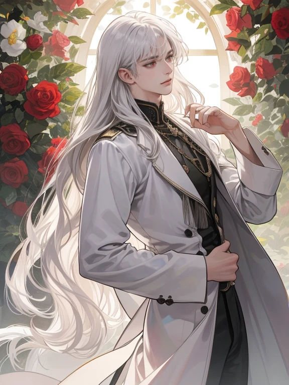 27 years old male, a towering figure at 6'2 ft, (red eyes against a pale complexion), His flowing curly white hair, styled in a sophisticated mullet, His lean, refined demeanor make him the epitome of male beauty., mansion background elegant, roses, handsome, mullet hair elegant, flowy hair, hairdown, thick hair between his eyes, (prominent side bangs), (((straight FRINGE side swept))), (straight hair), (((layered hair))), half body