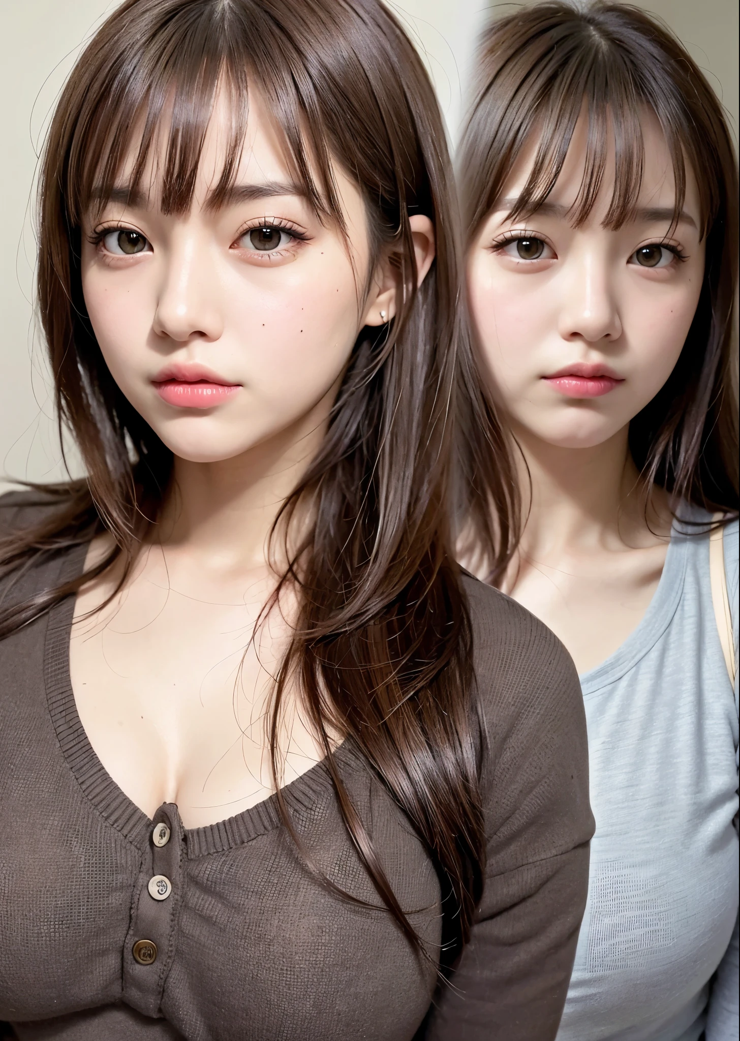 A woman with a slightly angry face、big eyes、brown hair with bangs、casual clothes、perfect lighting、sharp focus、High resolution、High resolution、High color rendering、High resolution、Super realistic、photo-realistic

