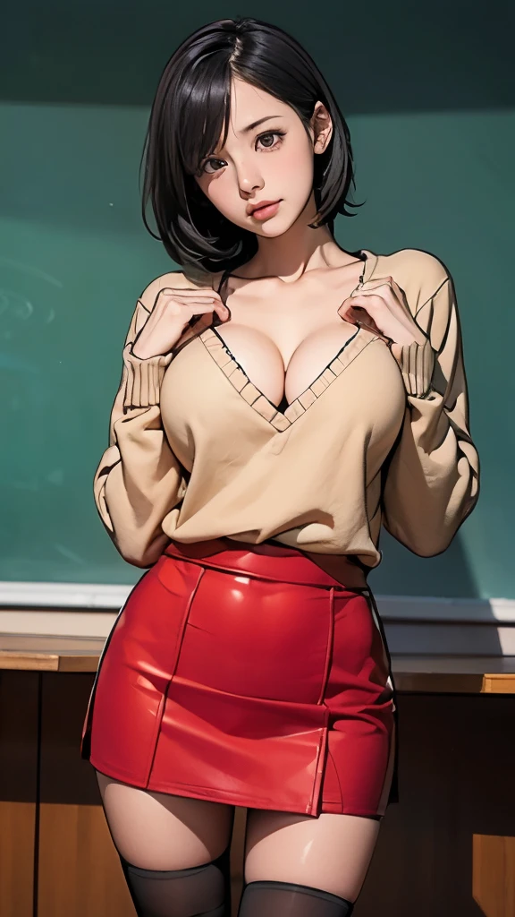 1 girl、A beautiful girl with short black hair stares at me.、embarrassing description、baby face、Slender but big breasts、Decolletage、Glossy skin、cleavage、Cleavage peeks out from the chest of the brown sweater、red miniskirt、black knee highs、In the school classroom、anatomically correct、precise fingers、Accurate Limbuster Piece、Photography Reality、
