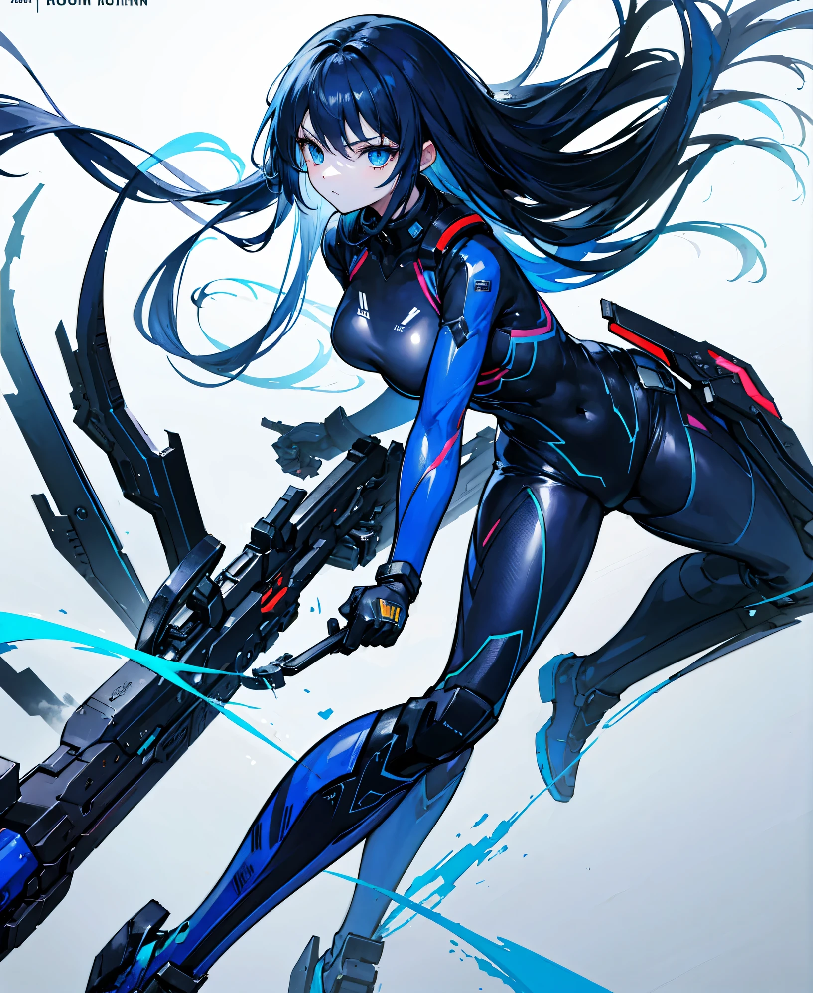 no background，girl，carry a firearm，Enamel-like tight suit，use of firearms，dark blue long hair，attention arousal，blue colored eyes,no gradation