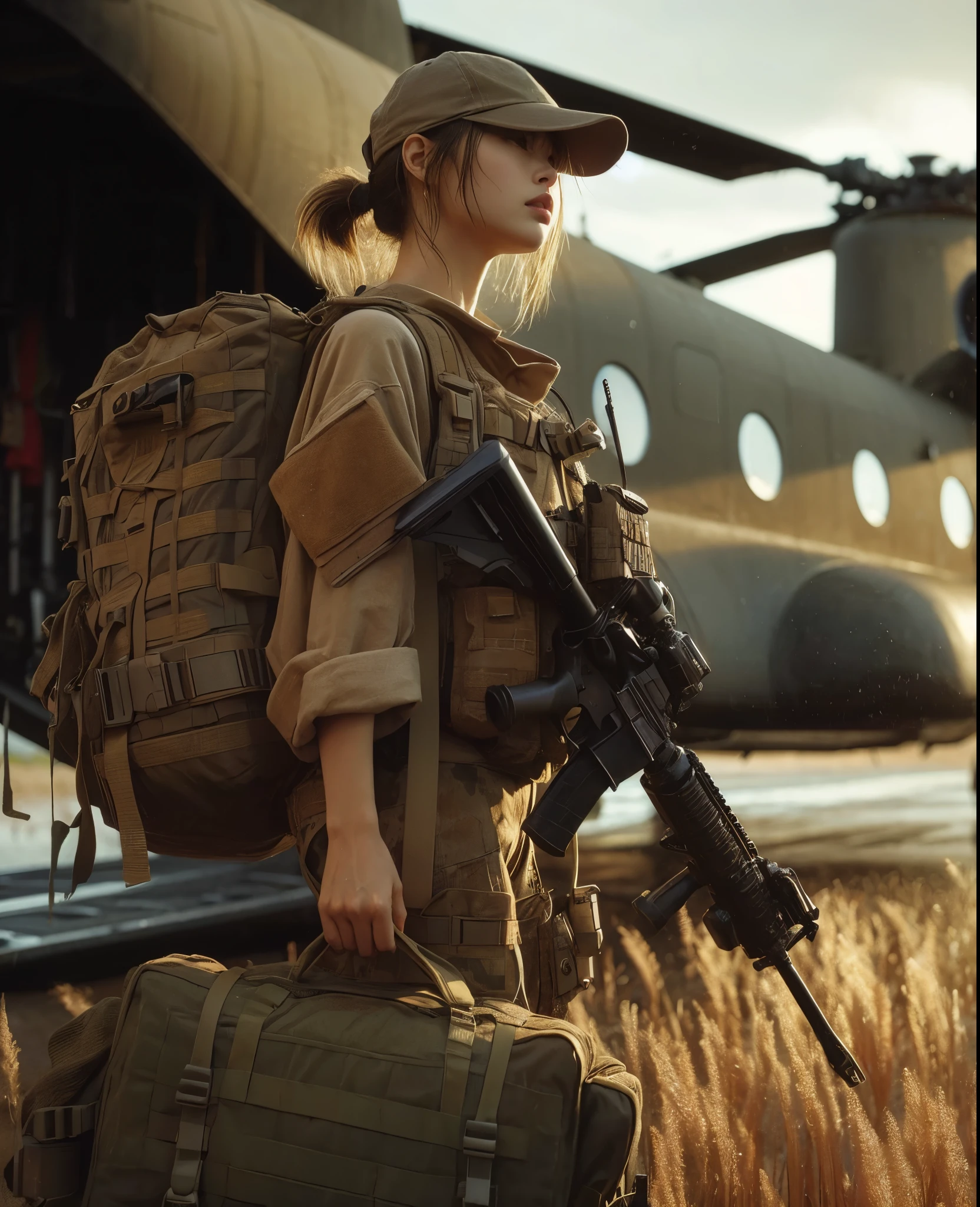 ８K,realistic photo、realistic skin texture、A beautiful Japanese woman belonging to the American military is in the wasteland.、bulletproof vest、Backpack、wearing a baseball cap、A large transport helicopter is waiting with its rear loading hatch open.、moving action pose、waving、Dramatic and bold composition、Several military vehicles are running、Zoom out