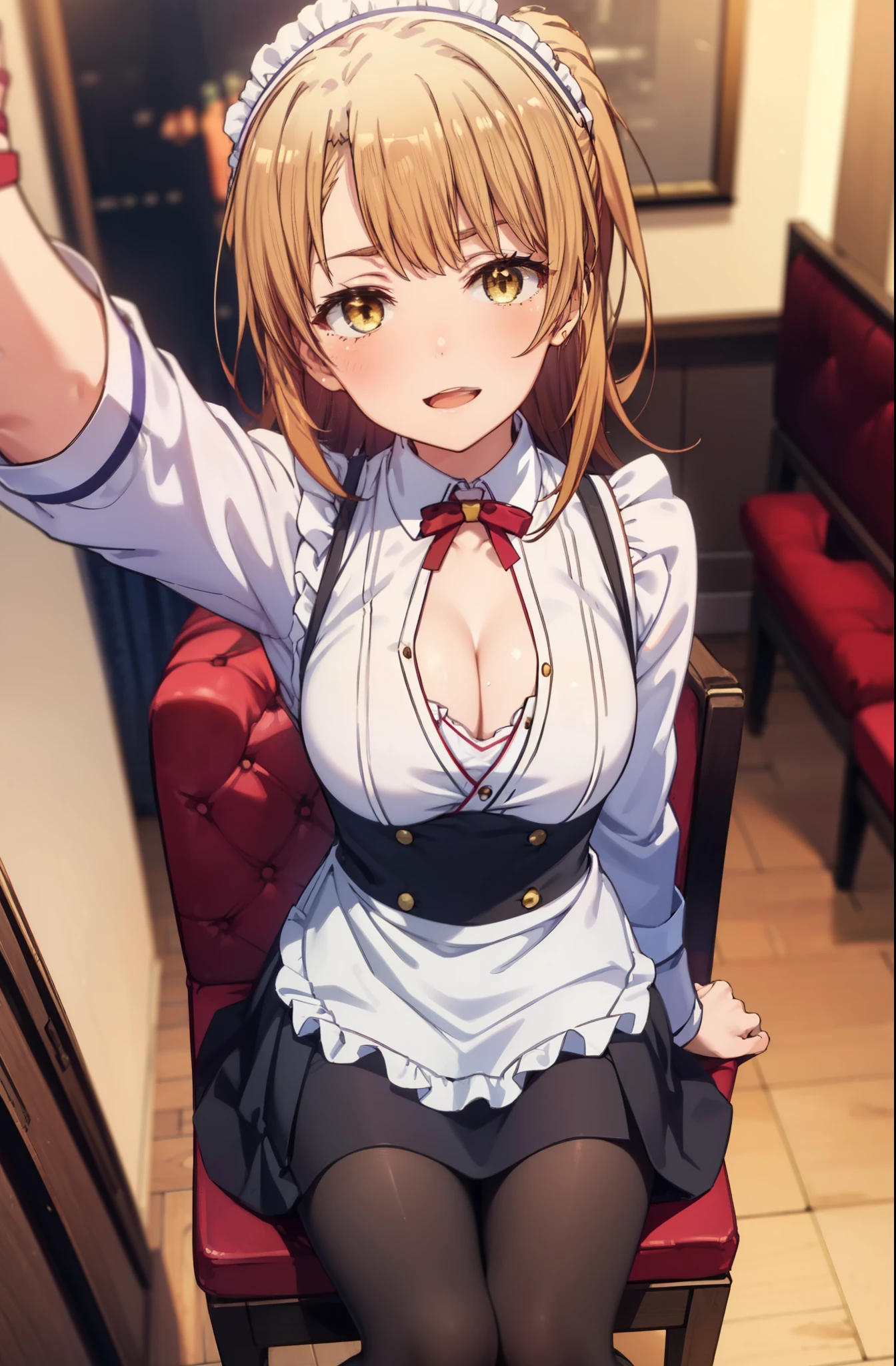 irohaisshiki, iroha isshiki, long hair, brown hair, (brown eyes:1.5), Take a selfie from above your head,with left hand, He opened the collar of his shirt to show his cleavage..,smile, smile, open your mouth,short braided hair,ponytail,blush,smile,Maid clothes,Medium chest,she was wearing a miniskirt, black pantyhose, sitting cross-legged on a chair,So that the whole body is included in the illustration,
break indoors, coffee shop,
break looking at viewer,
break (masterpiece:1.2), highest quality, High resolution, unity 8k wallpaper, (shape:0.8), (fine and beautiful eyes:1.6), highly detailed face, perfect lighting, Very detailed CG, (perfect hands, perfect anatomy),