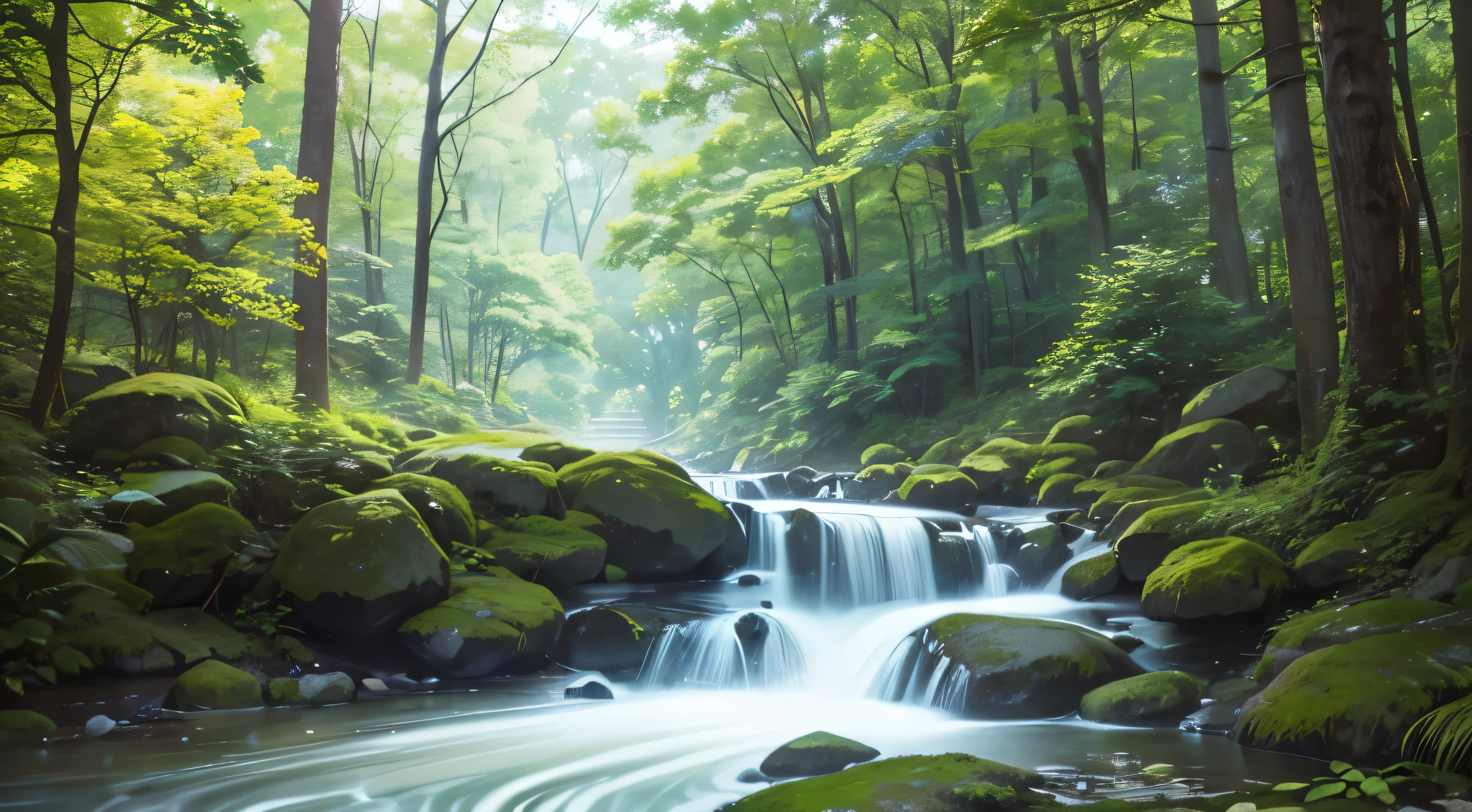I took a photo of a peaceful moment spent in nature..。wood々Imagine a peaceful landscape bathed in soft morning light.。.。a gentle meandering stream、Surrounded by lush greenery。The overall atmosphere is calm and connected to the natural world.、Highlights the beauty and serenity of outdoor moments。