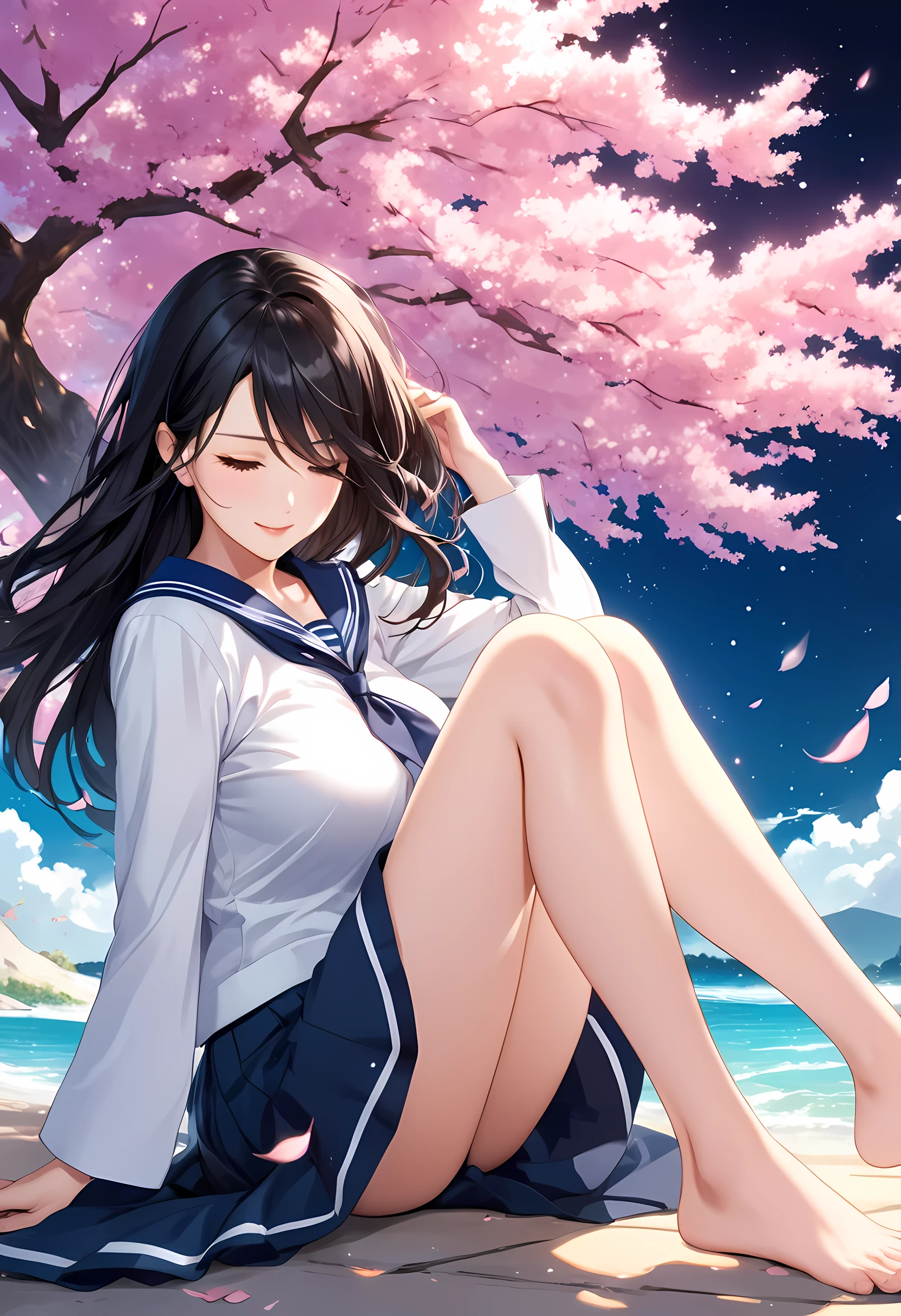 Big cherry tree　sailor suit　shedding tears　smile　I close one eye　long black hair　skirt is short　knee high　big breasts　Mature　I can see your pants　My skirt is blown up by the wind　barefoot　A look of regret at parting　A sparkling atmosphere　night　SakuraFubuki