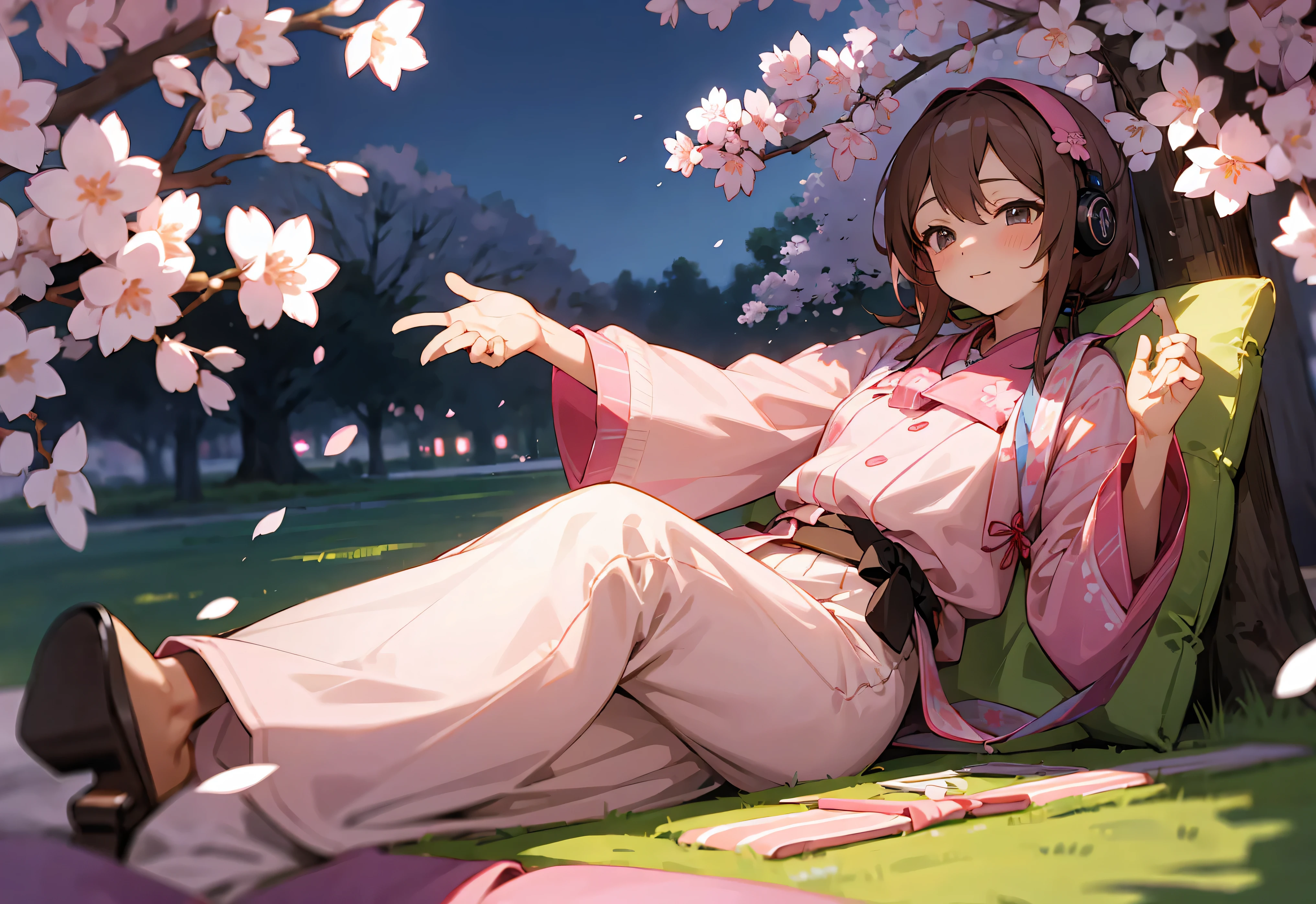 headphone　spring clothes　relax　cherry blossoms　picnic　night　You can see the night view　Highest image quality