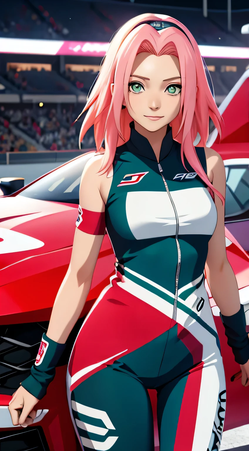 tmasterpiece， Best quality at best， 1girll， Sakura Haruno，Raised sexy，is shy，ssmile，with pink hair， long whitr hair， （Green eyeballs:1.4)， Forehead protection, Pole Position, standing inside of her race car,s,anime style, bright colors, dynamic lighting, shiny finish, attention to detail, sparkling eyes, wearing a racing suit, chevrolet camaro, exciting atmosphere, vivid expressions