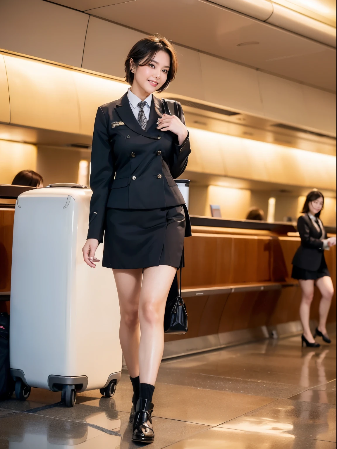 (Raw photo:1.2), (realistic:1.4),beautiful detailed woman,非常にfine eyesと顔, fine eyes, Super detailed,High resolution, very detailed,highest quality,enlightenment,unified,8k wallpaper,masterpiece,highest quality,1 female,alone,rich,Full body Esbian,(Slightly chubby body type:0.8),meaty legs,alone,(black business suit:1.4),(knee length skirt:1.6)、(black stockings:1.4),(short boots:1.4)、(I have a RIMOWA aluminum carry bag:1.4),jewelry, necklace ,short hair,gentle smile,dignified atmosphere,black eye,realistic, (Morning Airport:1.2),(standing upright:1.4),(Going to work:1.4)、(Japan Airlines Cabin Attendant:1.6)